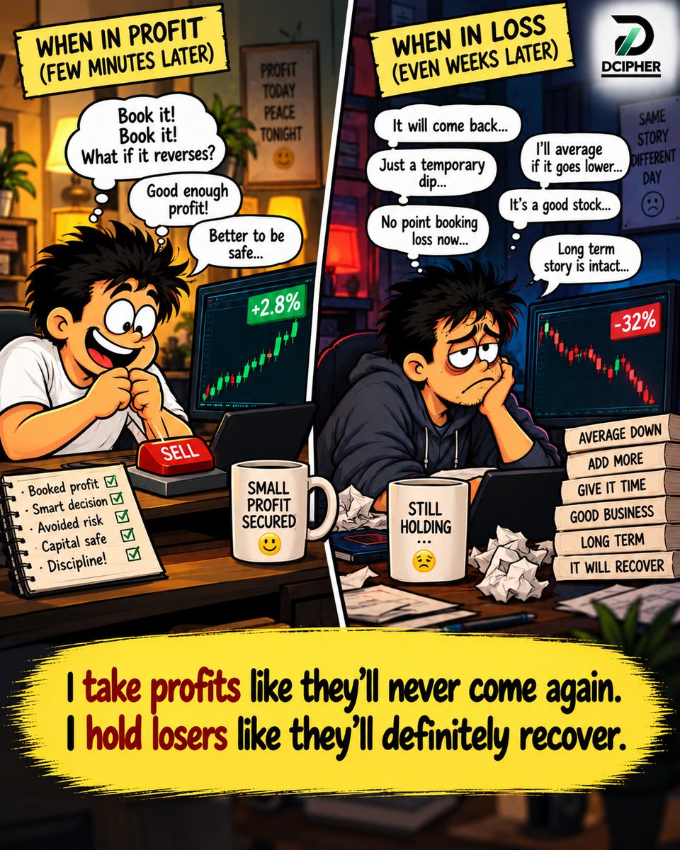 DCipherMarkets's tweet photo. Retail traders don’t always fear losing money. They fear being proven wrong by the market.

— DCipher

#DCipherMarkets #TradingPsychology #TradersMindset #RetailTrading #InvestorMindset #IndianStockMarket #RiskManagement #Swingtrading