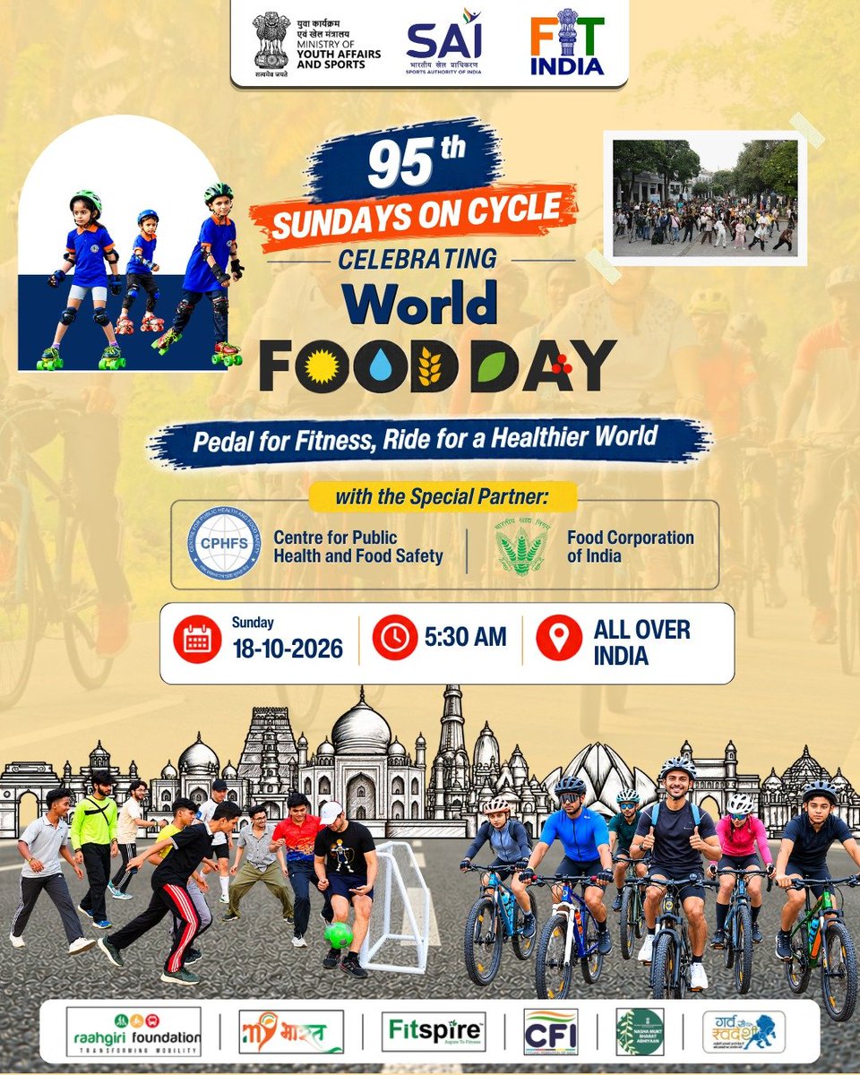 FitIndiaOff's tweet photo. 🚴‍♂️ सेहत की सवारी, फिटनेस की तैयारी! 💚विश्व खाद्य दिवस पर 95वें #SundaysOnCycle से जुड़ें और स्वस्थ भारत की ओर कदम बढ़ाएं।   📍 पूरे भारत में
🗓️ 18 अक्टूबर | सुबह 5:30 बजे  

#FitIndia #WorldFoodDay https://t.co/pLkuBspAY0
