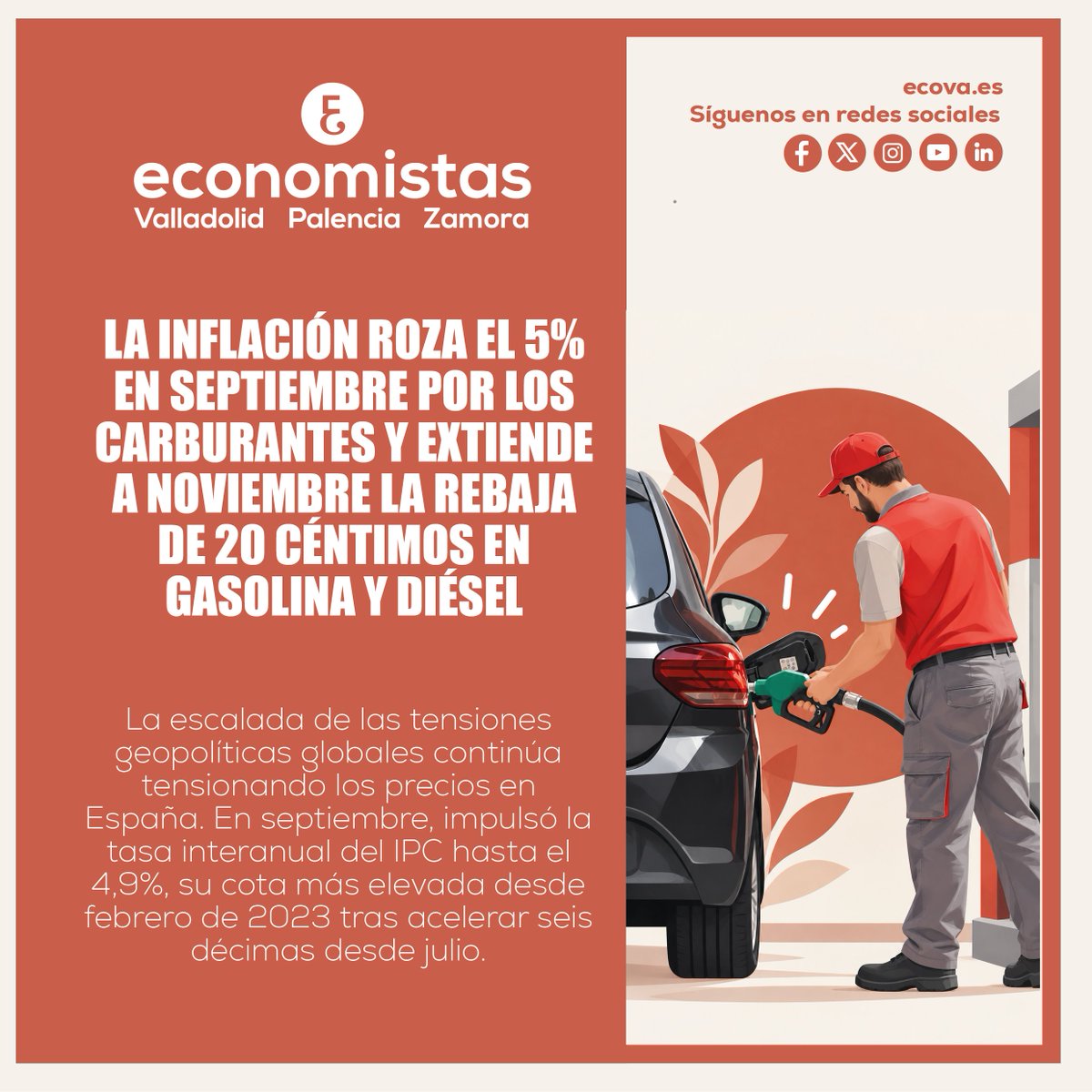 ECOnomistaVAlor's tweet photo. El IPC interanual alcanza el 4,9 %, su nivel más elevado desde febrero de 2023, impulsado por la subida de los precios de los carburantes en un contexto de tensiones geopolíticas.

📉 De cara a noviembre, la rebaja de 20 céntimos por litro en gasolina y diésel busca aliviar el coste del combustible.

👉 La evolución de los precios sigue siendo clave para la economía de los hogares y la actividad de las empresas.

#ECOVA #Economistas #Inflación #IPC #Carburantes #Gasolina #Diésel #Economía #Valladolid #Palencia #Zamora