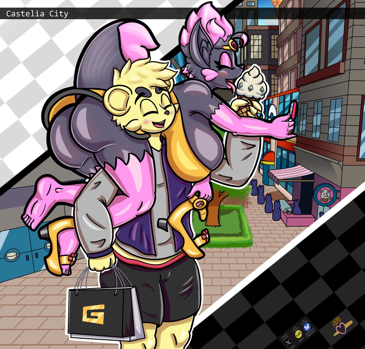 AFCND1's tweet photo. For Zabrina it's always a ton of fun to go shopping, even more if she has a cute and naturally strong fighting type such as her hubby to help her when she buys too much stuff or some inconvenience happens such as her heels breaking, or just to share an icecream with! 🦊💖💞🐹🛍️ https://t.co/AWvaRqDG1S