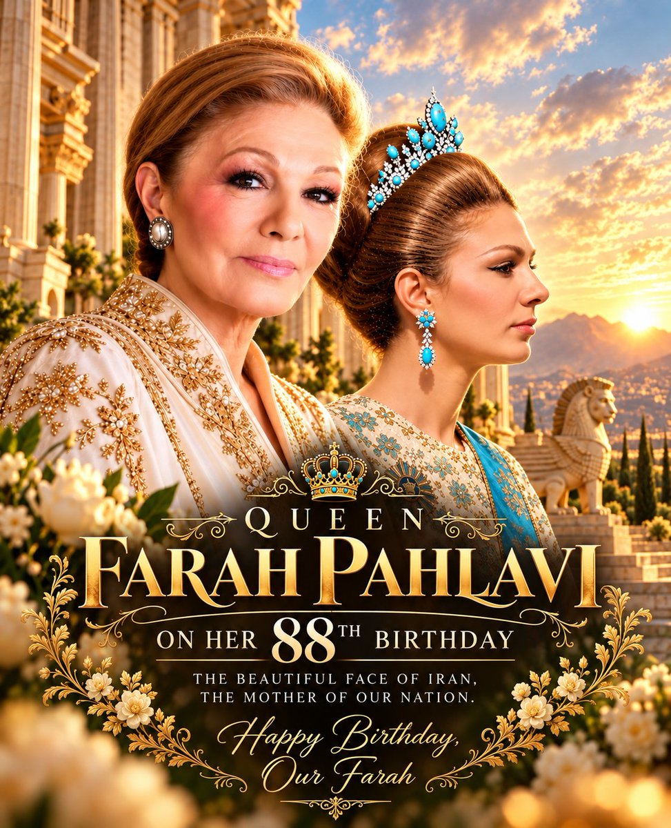 PoliMQ's tweet photo. Happy 88th Birthday, Our Queen! 

The beautiful, beautiful face of Iran.
The mother of our nation.
Our beloved Shahbanu Farah Pahlavi.

Today, you turn 88. 88 years of a life filled with love, dignity, strength, and devotion to Iran.

You have carried our homeland in your heart through all these years, through loss, sorrow, and exile.
And through it all, you have remained a symbol of grace, dignity, and love for our country.

Happy Birthday, Your Majesty!

May you remain healthy, strong, and with us for many more years. With all our love and respect.

Javid Shah🌸🦁🩵🎂☀️💖🎉

#KingRezaPahlavi‌ForIran