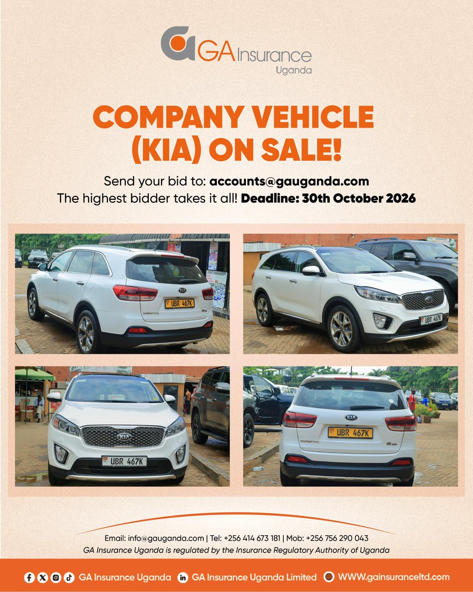 ga_uganda's tweet photo. Company vehicle (KIA) on sale!

Interested individuals should send in their bids to: accounts@gauganda.com

or visit our offices on kingdom Kampala building ground floor for viewing.

#sale https://t.co/nHVOMAYVkR