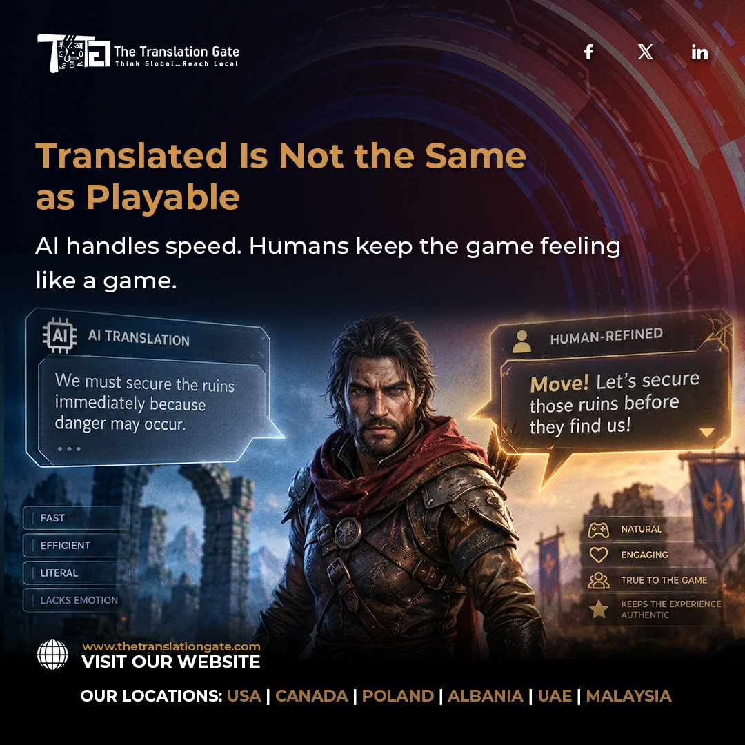 TranslationGate's tweet photo. Game localization is booming, but AI alone can't make a game feel native. AI speeds up workflows, while human experts preserve humor, character voice, and cultural context.

Explore Game Localization: https://t.co/SIzfNvFJql

#GameLocalization #GamingIndustry #Localization https://t.co/GXDaGTgybW