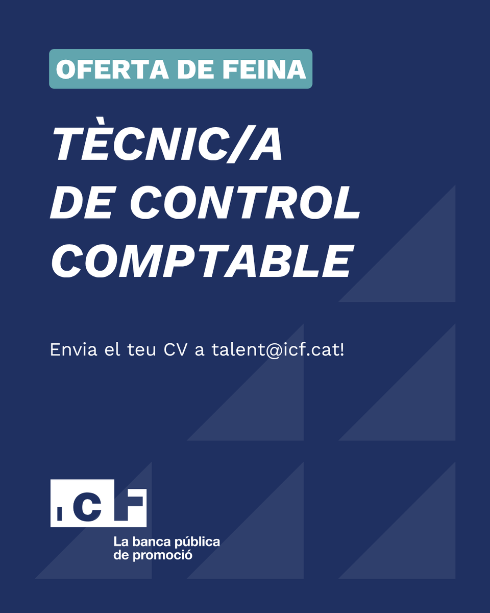icfcat's tweet photo. 💡 Vols treballar amb nosaltres?

Obrim una plaça de tècnic/a de control comptable.

Uneix-te a l’equip de la banca pública de promoció de la @gencat.

🗂️ Envia’ns el teu CV a talent@icf.cat!

👉 Per a més informació: https://t.co/jSTYhj3tkW https://t.co/U33WJp5zJN