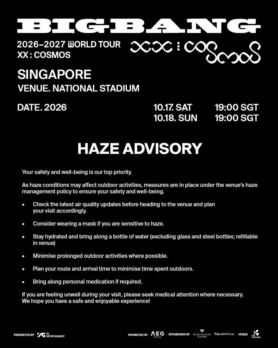aegpresentsasia's tweet photo. 𝗛𝗮𝘇𝗲 𝗔𝗱𝘃𝗶𝘀𝗼𝗿𝘆

Your safety and well-being is our top priority. 

As haze conditions may affect outdoor activities, measures are in place under the venue’s haze management policy to ensure your safety and well-being. 

• Check the latest air quality updates before heading to the venue and plan your visit accordingly.
• Consider wearing a mask if you are sensitive to haze. 
• Stay hydrated and bring along a bottle of water (excluding glass and steel bottles; refillable in venue). 
• Minimise prolonged outdoor activities where possible.
• Plan your route and arrival time to minimise time spent outdoors.
• Bring along personal medication if required. 

If you are feeling unwell during your visit, please seek medical attention where necessary. We hope you have a safe and enjoyable experience!