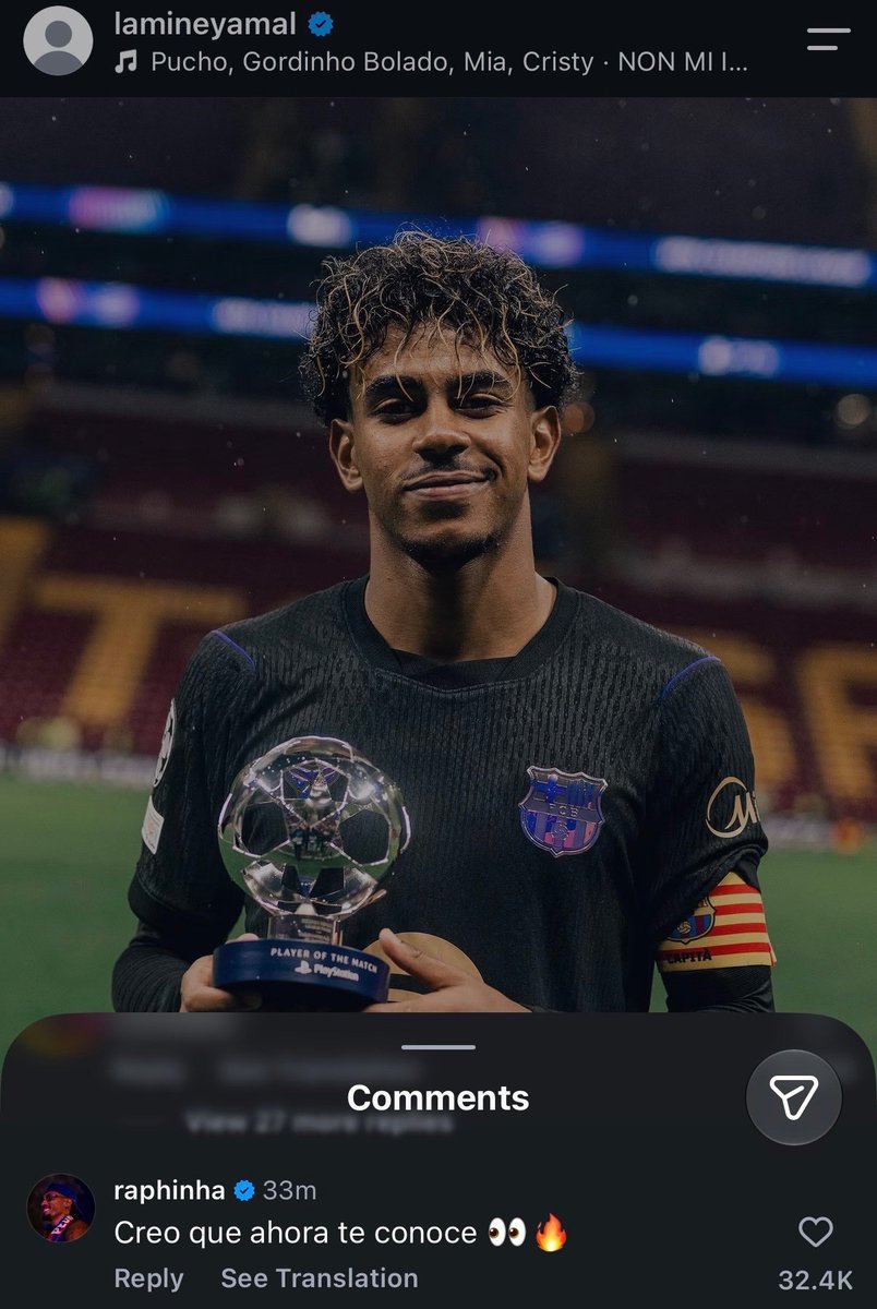 BlaugranaXtra_'s tweet photo. 📲 | Fermín replies to Lamine's post on IG: “I think he knows you 😮”

📲| Raphinha also replies to Lamine on IG: “ I think he knows you now 👀🔥” https://t.co/XmDx6XJkVN