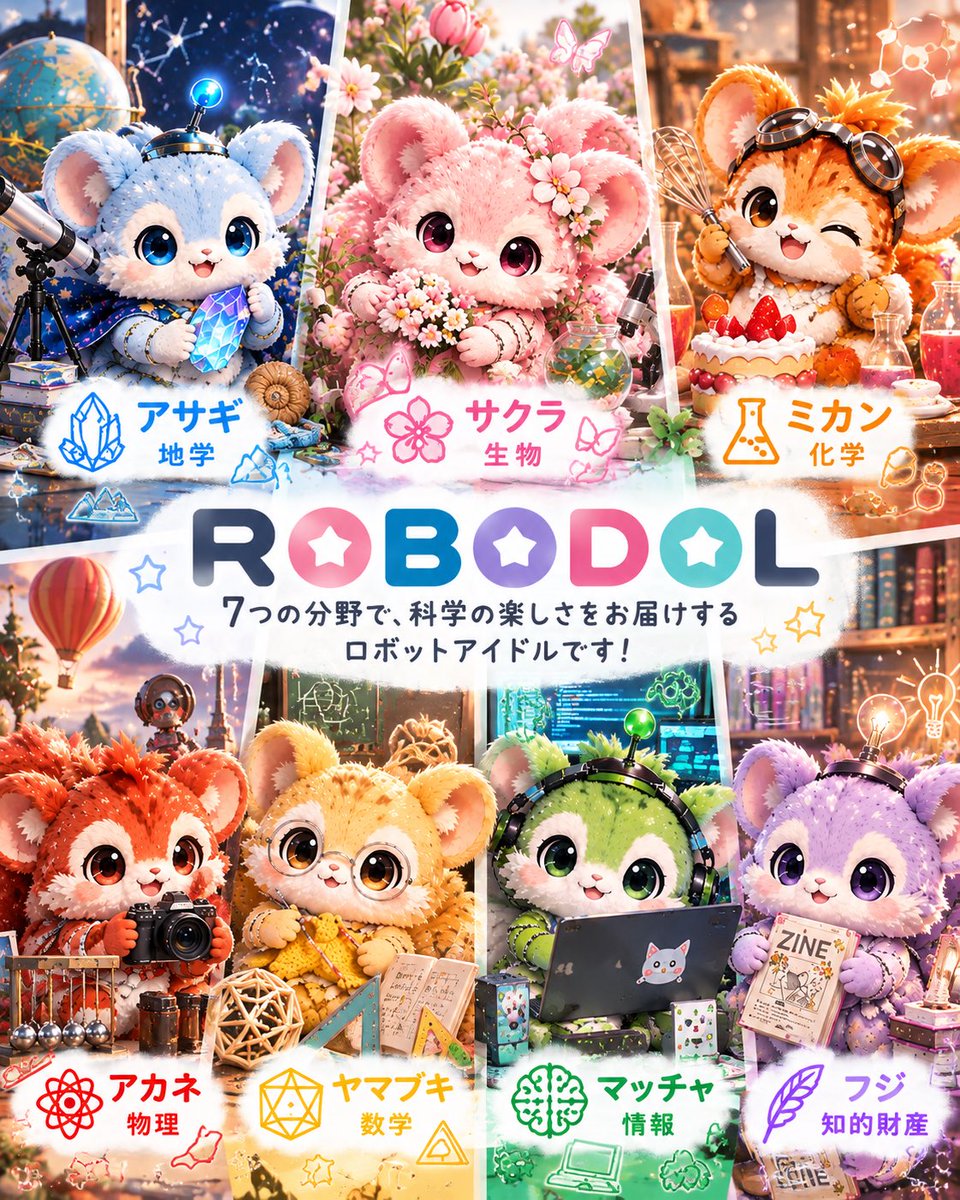 robodol_project's tweet photo. 🌈 ROBODOLの7体を紹介！

💙アサギ｜地学🌍
🩷サクラ｜生物🌸
🧡ミカン｜化学🧪
❤️アカネ｜物理📷
💛ヤマブキ｜数学📐
💚マッチャ｜情報💻
💜フジ｜知的財産💡

7体それぞれ、個性も趣味も違うロボットアイドル！

あなたは誰が気になる？✨

#ROBODOL #ロボドル #科学 https://t.co/e3XbZnAPv1