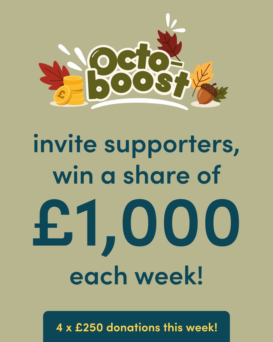 easyuk's tweet photo. Week two of Octo-boost is here! 🍂

This week, 4 lucky causes could each win a £250 bonus donation just by inviting new supporters! 🎉

Simply share your unique supporter invitation. Every share and new supporter gives your cause another entry! 👀

https://t.co/U7bDt6PEfG https://t.co/ESz1JRqmA5