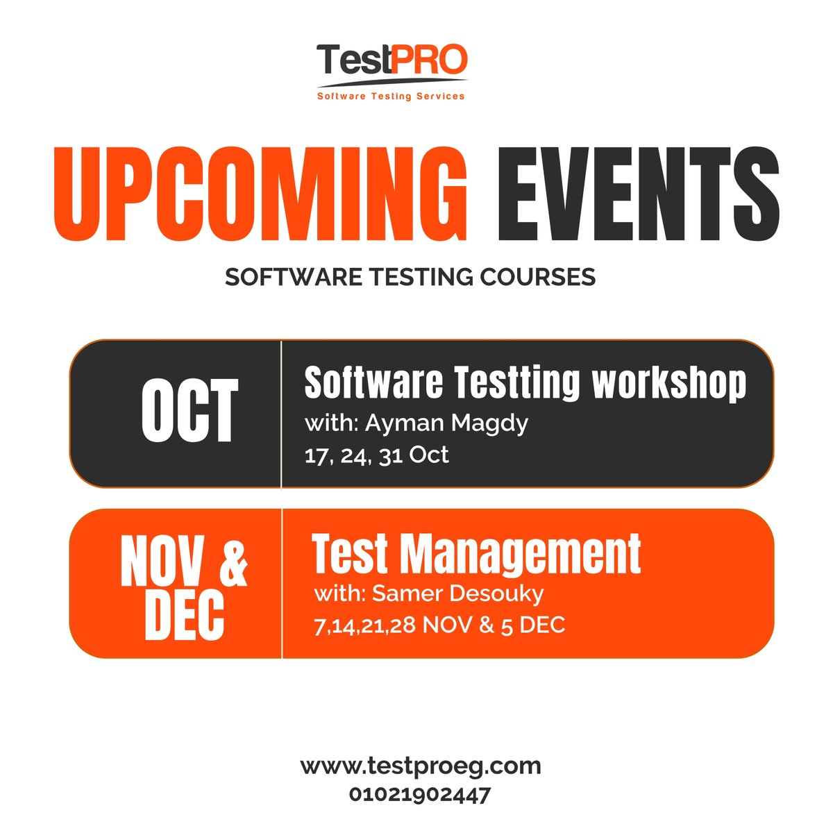 testproeg's tweet photo. Build Your Software Testing Expertise with TestPRO! 

ISTQB Advanced Level – Test Management
Trainer: Samer Desouky
7, 14, 21 &amp; 28 November and 5 December

Software Testing Workshop
Trainer: Ayman Magdy
17, 24 &amp; 31 October

🔗 https://t.co/caDmV8vdHC

#TestPRO #SoftwareTesting https://t.co/ppQloxnXYV