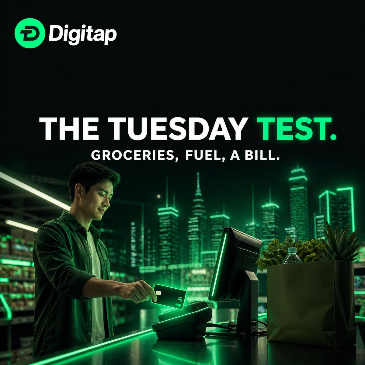 DigiTap_app's tweet photo. The real test of a crypto card is not a launch video. It is a Tuesday.

Groceries, fuel, a bill. Paid from the same app that holds your crypto, without moving money through three places first.

Boring is the point.

#digitap #fintech #TAP #crypto #presale https://t.co/NQ22uZkje9