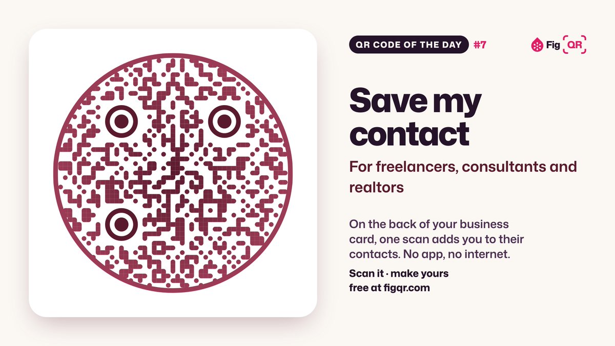 figqrcom's tweet photo. QR code of the day #7: save my contact 📇

For freelancers, consultants and realtors: one scan on your business card adds you to their contacts. No app, no internet, never expires.

Free at https://t.co/zI4603PPoM

#qrcode #businesscard https://t.co/0d1chJBGFr