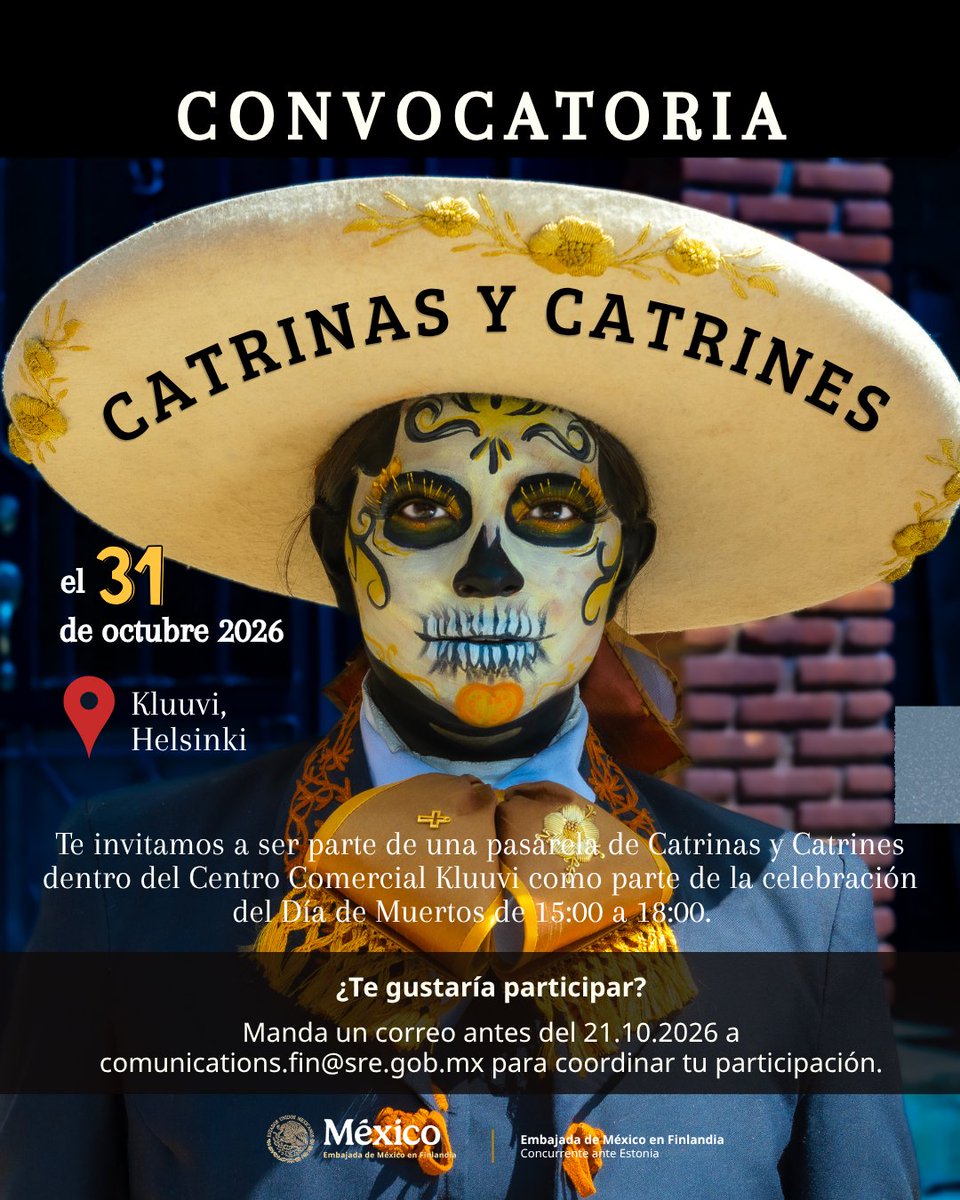 EmbaMexFin's tweet photo. 💀🌼 ¡Celebra el Día de Muertos y participa en nuestra Pasarela de Catrinas y Catrines!

Cada año, a principios de noviembre, miles de personas se visten de Catrinas y Catrines para honrar a sus difuntos y celebrar una de las tradiciones más emblemáticas de México. https://t.co/4QaNQROOYX