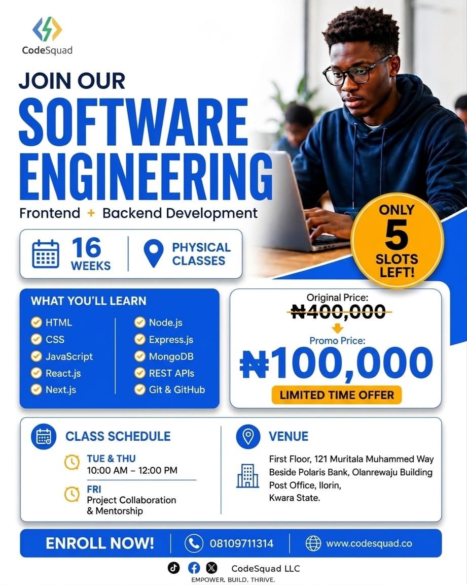 codesquadcomm's tweet photo. @eniola_john Still thinking about learning Software Engineering?

If you’ve been putting it off, maybe this is your sign to finally start.

Get hands-on with frontend + backend development. 

Only 5 slots left.

👉 Register here: https://t.co/ffaJQ9jdc9… https://t.co/UU4gCVYaU0