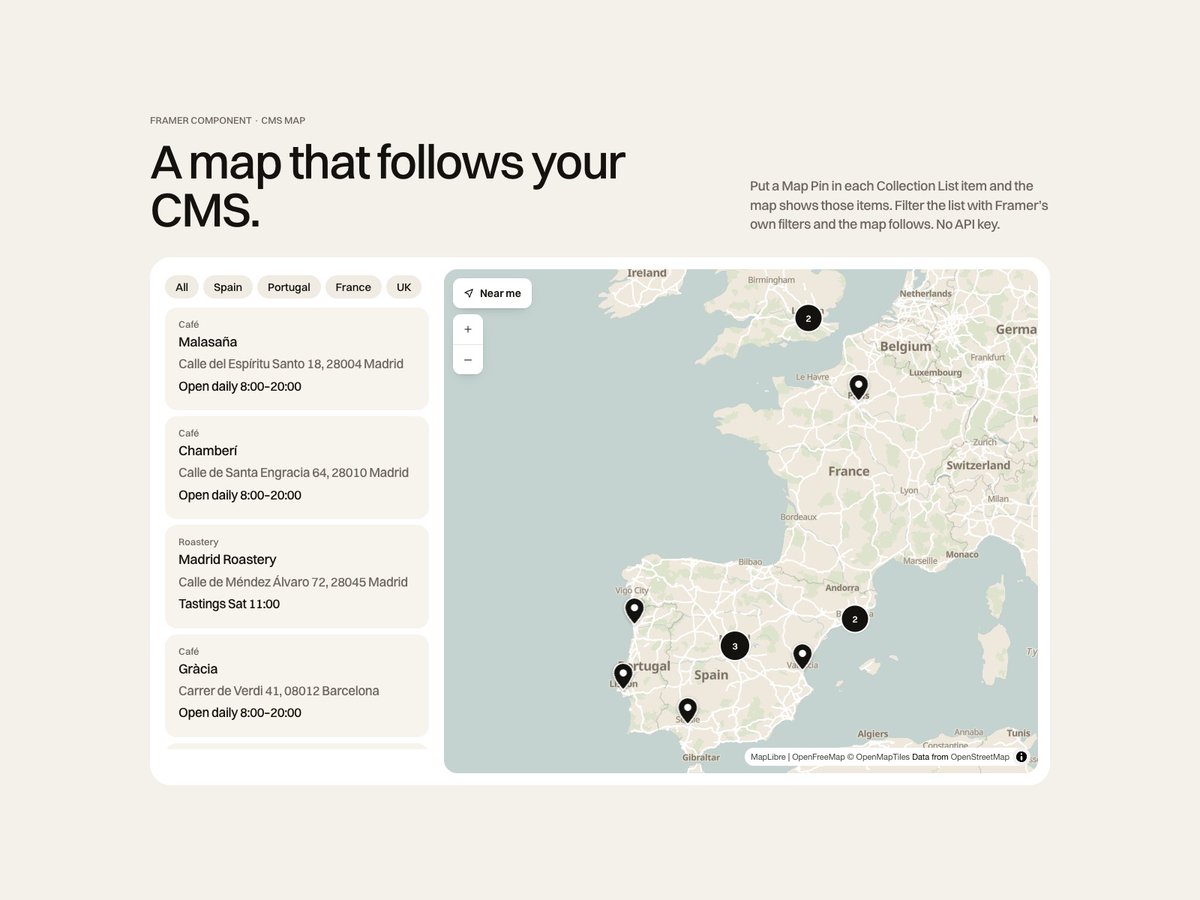 _Miguel_Recio_'s tweet photo. Four new components on the Framer Marketplace, all built around the CMS:

CMS Gallery Kit: every CMS item gets its own gallery.
CMS Locations Map: a map that follows your Collection List.
Google Reviews Kit: your reviews, your design.
Pricing Switch: SaaS pricing that adds up. https://t.co/fYnfGneHRu