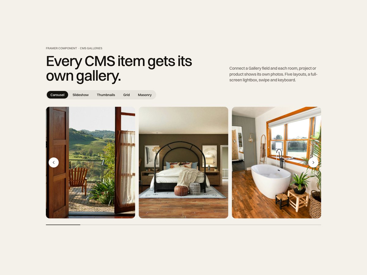 _Miguel_Recio_'s tweet photo. Four new components on the Framer Marketplace, all built around the CMS:

CMS Gallery Kit: every CMS item gets its own gallery.
CMS Locations Map: a map that follows your Collection List.
Google Reviews Kit: your reviews, your design.
Pricing Switch: SaaS pricing that adds up. https://t.co/fYnfGneHRu