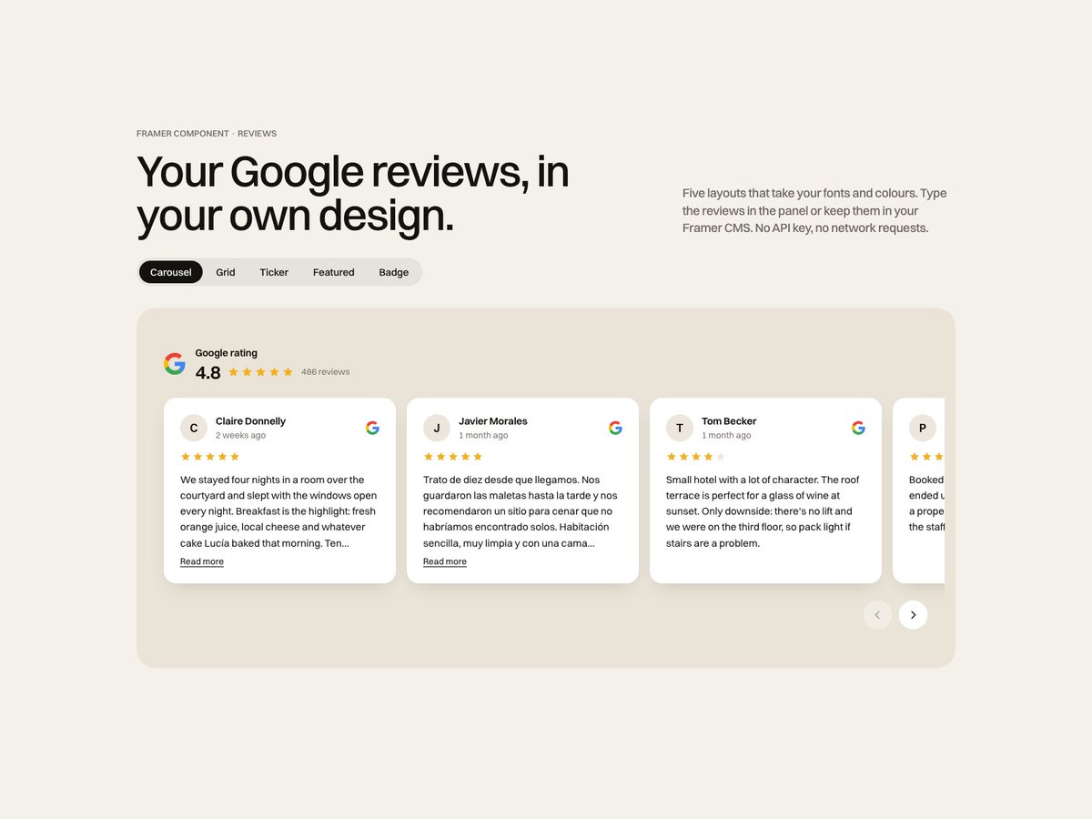 _Miguel_Recio_'s tweet photo. Four new components on the Framer Marketplace, all built around the CMS:

CMS Gallery Kit: every CMS item gets its own gallery.
CMS Locations Map: a map that follows your Collection List.
Google Reviews Kit: your reviews, your design.
Pricing Switch: SaaS pricing that adds up. https://t.co/fYnfGneHRu