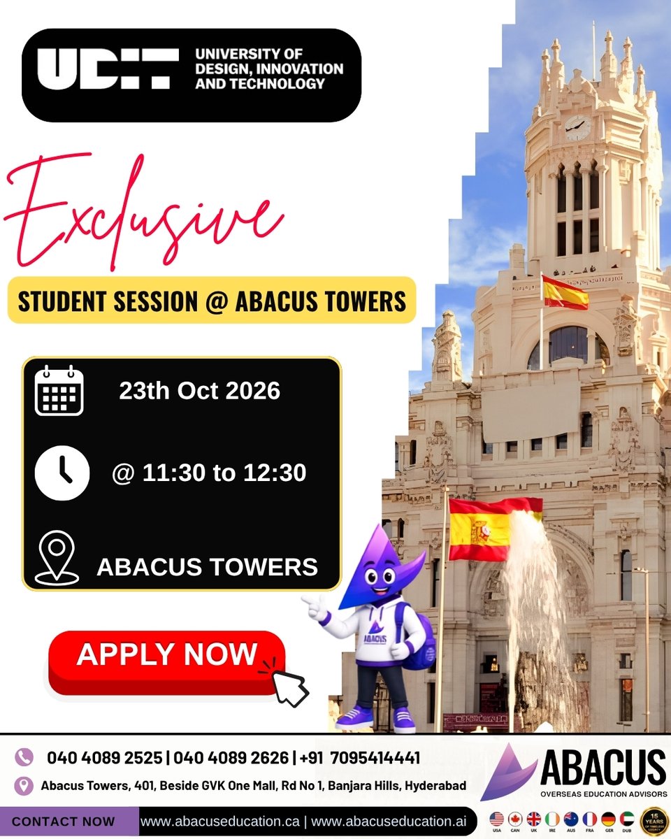 abacus_groups's tweet photo. 🎓 Exclusive Student Session with UDIT – University of Design, Innovation and Technology! 🇪🇸

✨ Explore exciting opportunities to study in Spain and take the next step toward your international education journey!

📅 Date: 23rd October 2026
⏰ Time: 11:30 AM – 12:30 PM
📍 Venue: Abacus Towers, Banjara Hills, Hyderabad
🚀 Meet us for an exclusive student session and get expert guidance on your study abroad plans!
📞 Contact Us: 040 4089 2525 | 040 4089 2626 | +91 70954 14441

🌐 https://t.co/nL5zUAnHSY | https://t.co/zeUrHUZcGO

Abacus Overseas Education Advisors 🌍
Your Gateway to Global Education!
#AbacusOverseas #UDIT #StudyInSpain #StudentSession #StudyAbroad #SpainEducation #InternationalEducation #Hyderabad