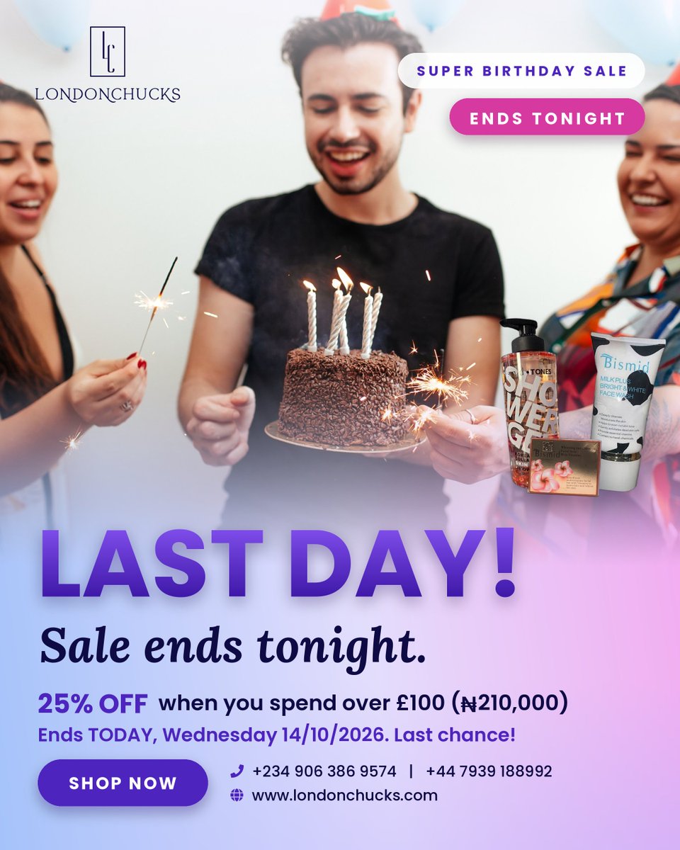 bismiduk's tweet photo. 🚨 LAST DAY! Our Super Birthday Sale ends TONIGHT, 14/10 🎉 Get 25% OFF Bismid favourites when you spend over £100 (₦210,000). Don’t miss out 💜 Shop now: https://t.co/ckdiMaxDGX

#Londonchucks #Bismid #BirthdaySale #LastDay #EndsTonight #SkincareSale #GlowUp https://t.co/yahPHggi9a