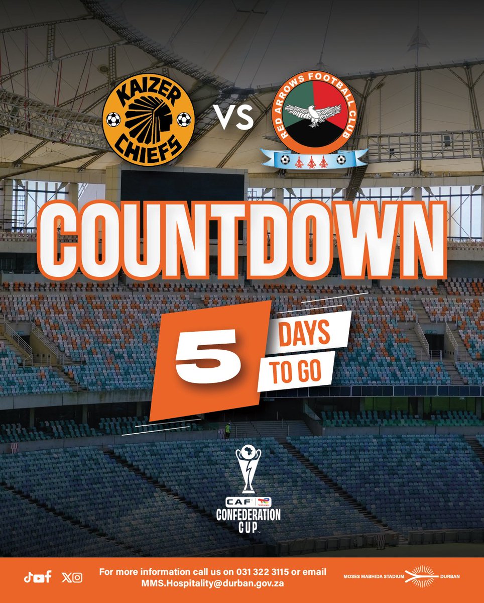 MMStadium's tweet photo. ⏳ 5 DAYS TO GO!
Amakhosi are heading to Moses Mabhida Stadium! @KaizerChiefs  🆚 Red Arrows FC.

🎟️ Secure your CAF ticket today for R80 via Computicket(online) or Shoprite and Checkers stores.

Masihlangane eMoses Mabhida Stadium.

#CAFConfederationCup #5DaysToGo #MosesMabhidaStadium #KaizerChiefs #RedArrows #DurbanHasMore