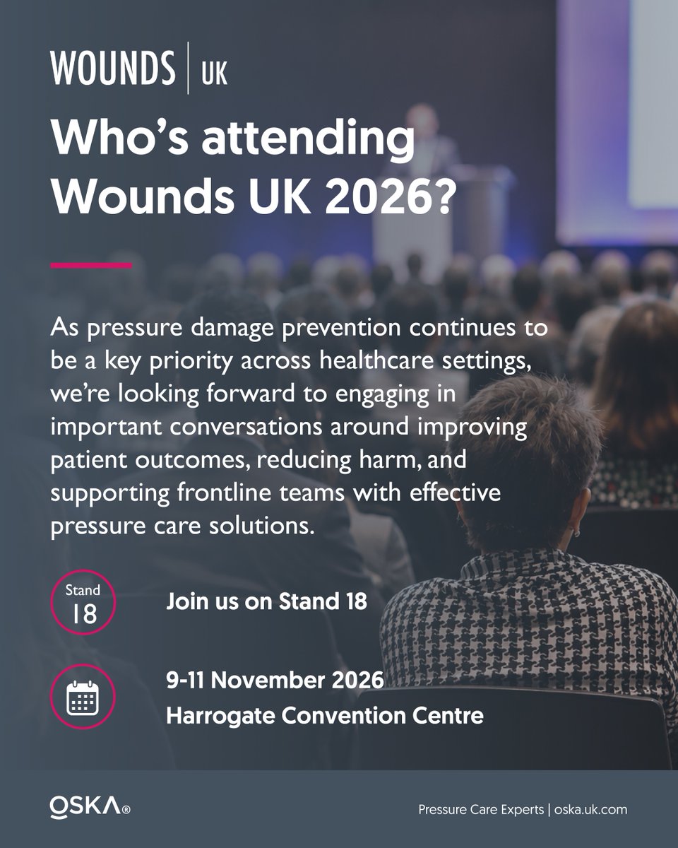 askOSKA's tweet photo. Are you heading to #WoundsUK 2026?
OSKA will be there, joining clinicians and tissue viability specialists to explore the future of pressure ulcer prevention and patient care.
Come and say hello on Stand 18! 👋
#PressureCareExperts #PressureUlcerPrevention #TissueViability https://t.co/PyOSK10NR6