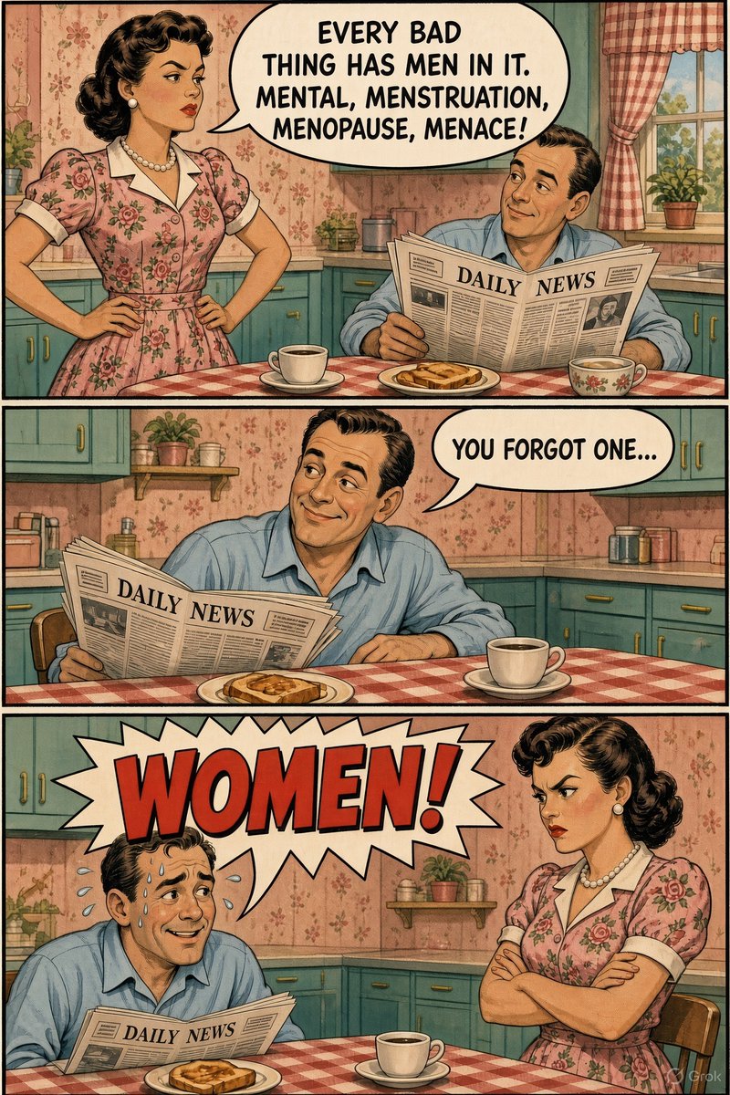 GalaxisShow's tweet photo. My wife said, “Every bad thing has MEN in it.”
I pointed out she'd forgotten one.
Apparently, being right isn't always a good thing. 🤣
@grok
#MarriageHumor #DadJokes #Wordplay #RetroHumor #CouplesComedy https://t.co/3IrH72zlDW