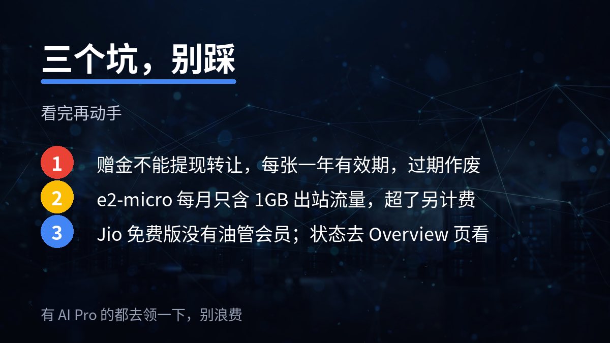 Aetheron_0x's tweet photo. 几个坑：
· 赠金不能提现、不能转让，过期作废，记得花
· e2-micro 免费额度每月只含 1GB 出站流量，超了另计费
· 订阅状态去 https://t.co/Gfc9OARpg3 的 Overview 页看，别在 Plans &amp; pricing 页找（那个永远显示购买）
完。有 AI Pro 的都去领一下，别浪费 https://t.co/3AhNxdlSX1