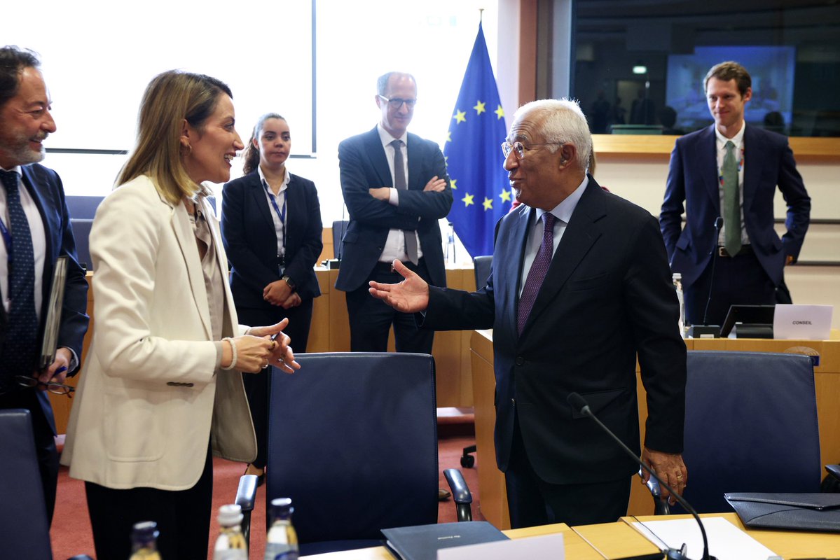 eucopresident's tweet photo. Today I had very useful meetings at @EuroParl_EN ahead of tomorrow’s #EUCO. 

With @EP_President we took stock of the progress on the EU’s ‘One Europe, One Market’ competitiveness agenda. Leaders will continue the discussion with @RobertaMetsola at the European Council. 

I also met with the Parliament’s #MFF Contact Group to discuss the EU’s next long-term budget.

The next MFF must be fully in place at the start of 2028. That is the only way to make sure that there will be no interruption in funding for our farmers, regions, researchers, students, and companies.