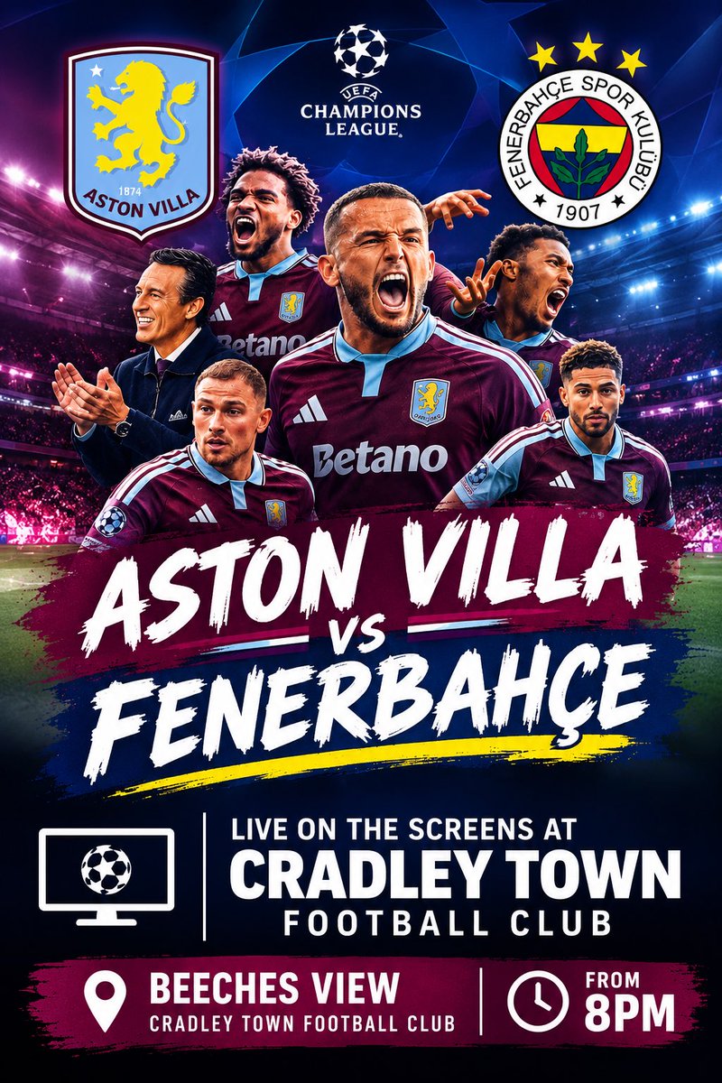 CradleyTown_FC's tweet photo. TONIGHT: @ChampionsLeague football is live on the screens at Beeches View, as Unai Emery’s @AstonVilla host Turkish giants @Fenerbahce at 8pm.
If you’re a Villain, or just fancy watching some football before the Hammers return on Saturday, come on down!
#UpTheHammers 🔴⚫️✍️ https://t.co/zH54bPLASd