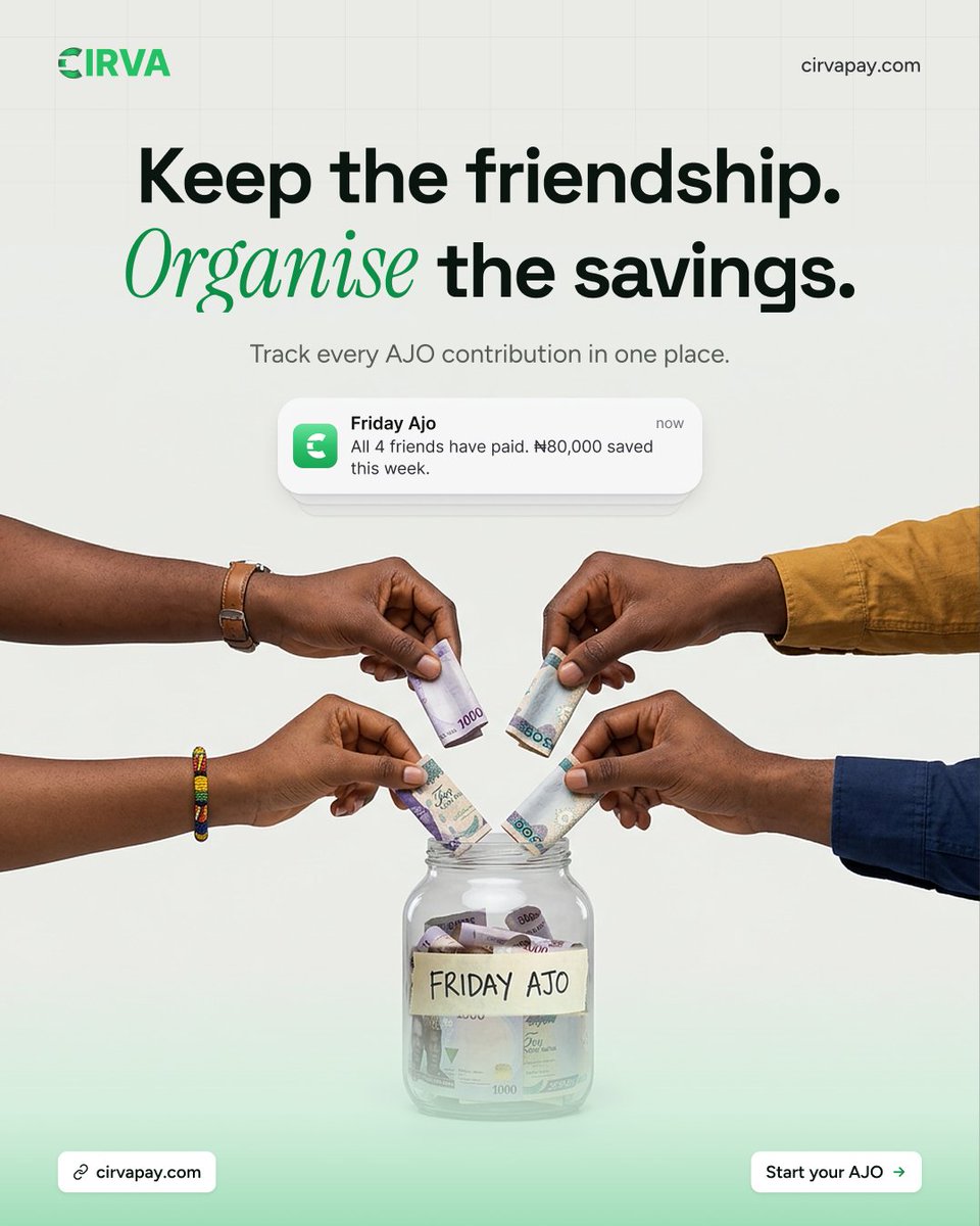 CirvaPay's tweet photo. From tracking contributions to keeping records, managing AJO doesn't have to be stressful.
Bring your people, organise your contributions, and save towards your goals with Cirva.

https://t.co/2YSXMxZbKQ

https://t.co/C8iZS23Zlc

https://t.co/C6F0kES6u8

#Cirva #Ajo  #GroupFina https://t.co/baJoScjU0Z