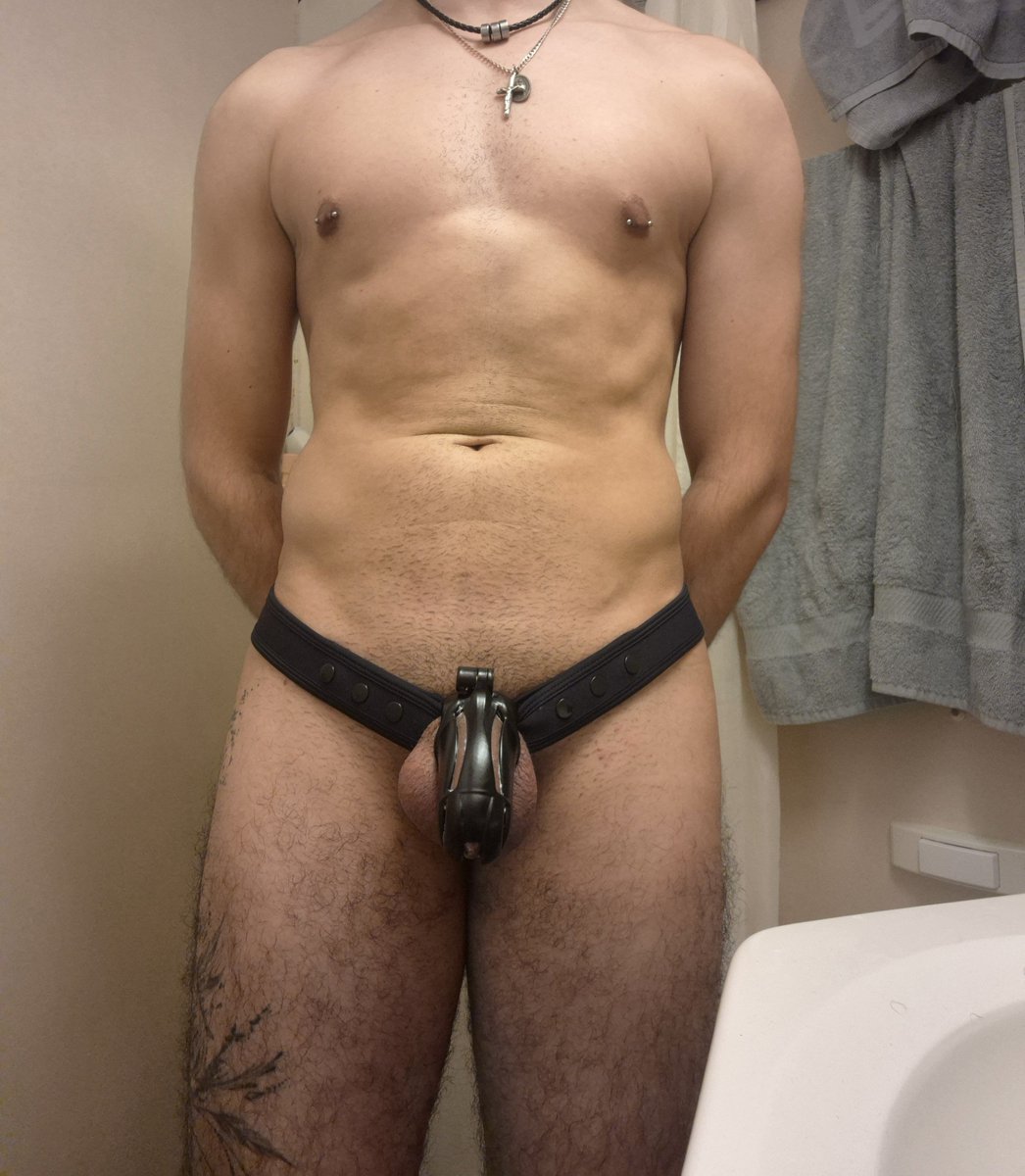 CagedSparky's tweet photo. Finally got my hands on and my cock in  @KINK3Ddesigns viper cage and @MrSLeather neoprene waist strap. Very excited to see how the rest of Locktober goes with these bad boys https://t.co/O14OV8Ntib