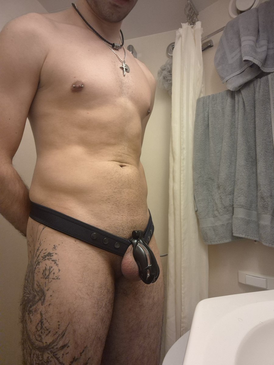 CagedSparky's tweet photo. Finally got my hands on and my cock in  @KINK3Ddesigns viper cage and @MrSLeather neoprene waist strap. Very excited to see how the rest of Locktober goes with these bad boys https://t.co/O14OV8Ntib