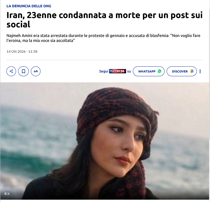 riktroiani's tweet photo. Condannata a oltre 12 anni di reclusione e alla pena di morte per un post social. 
Ennesima brutalità di un regime sanguinario. 
Povera ragazza 🙏❤️
#Iran #NajmehAmini https://t.co/0upf7jjkyl