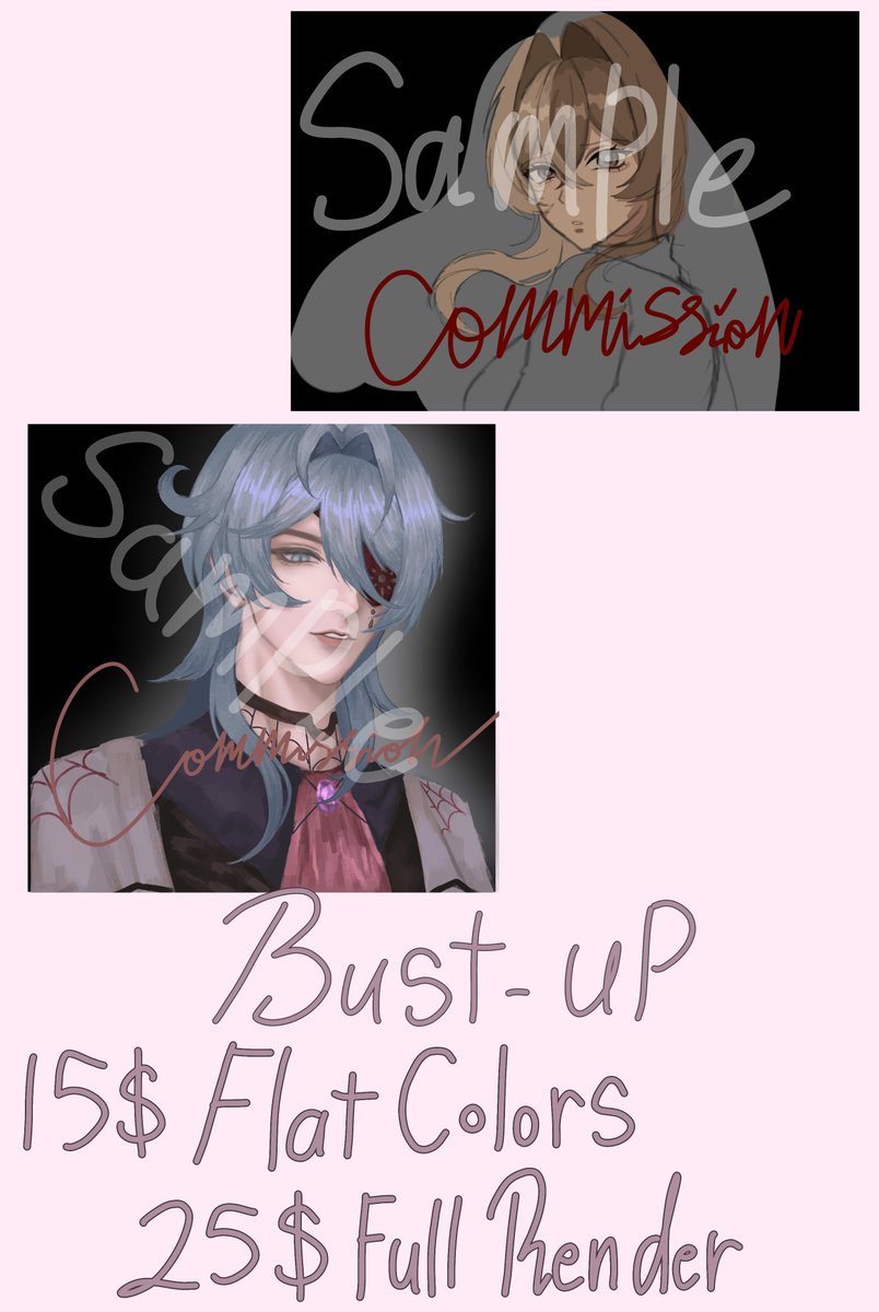 yuukaouu's tweet photo. I need money 😞 my commissions are back open! For other currencies pls dm! (Reshares are very much appreciated :') Also keep in mind that the prices may vary (I can go lower I just need money😭) !! 
Payment method: PayPal 
.
.
.
.
.
.
.
.

.
.
#commissionopen #commission https://t.co/YOpt1GjnVu