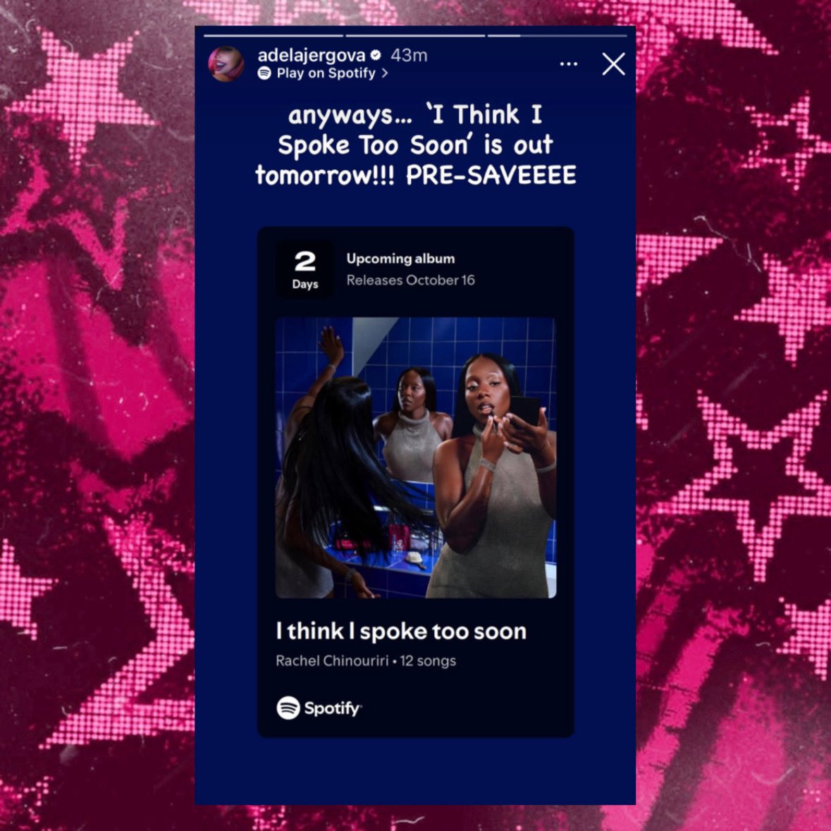AdelaAccess's tweet photo. ADÉLA speaks out on the controversy of her fans ripping down Rachel Chinouriri’s posters in Instagram story:

“i have just redownloaded tik tok + ig and came across this way too late but u guys this is so fucking ass. please don't do this. don't take ppl's posters down. promotion costs money, rachel's posters cost money, they deserve to be up and seen. it's alr hard enough to make sure ur art gets out there & is heard... ESPECIALLY as a black woman.”