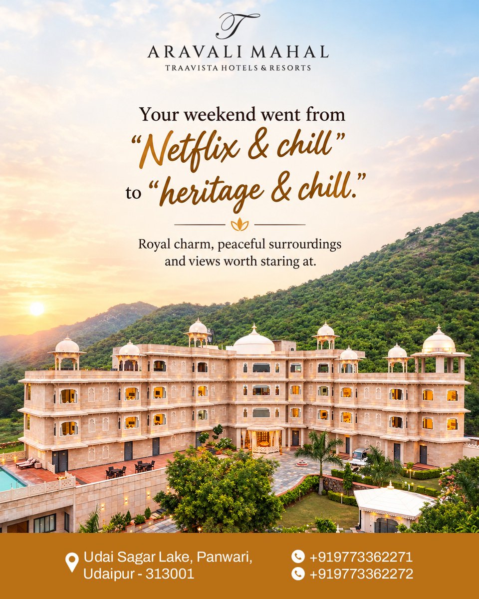 AravaliMahal's tweet photo. Your weekend went from “Netflix &amp; chill” to “Heritage &amp; chill”! ✨🏰 
Enjoy royal charm, peaceful vibes, and breathtaking views that make every moment feel magical. Your perfect escape awaits at Aravali Mahal, Udaipur! 💖💫

#TraavistaAravaliMahal #WeekendGetaway #LuxuryStay https://t.co/yznOOXiJRb