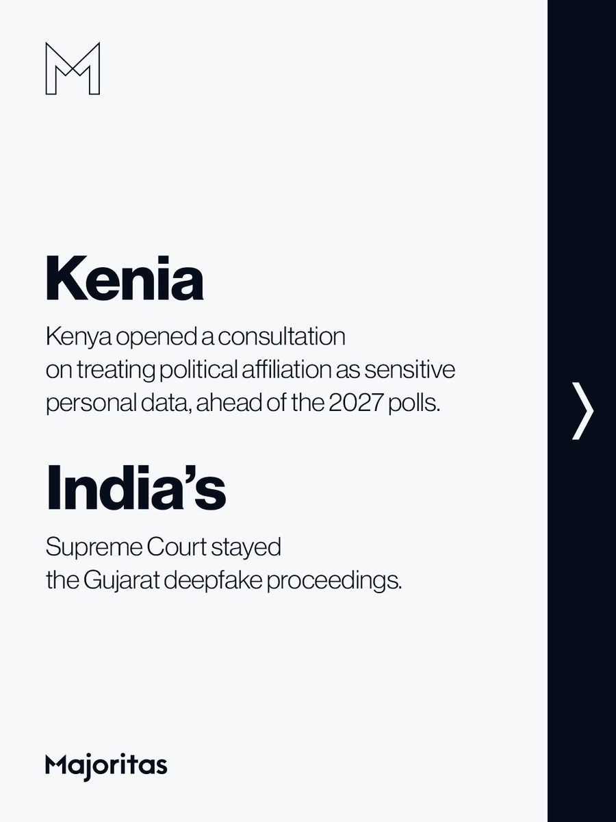 MajoritasGlobal's tweet photo. Our September guide to campaign AI rules aged in days.

Kenya is weighing political affiliation as sensitive data. India's Supreme Court stayed the Gujarat case; labelling and takedown duties stand.

Build to the strictest rule. Date your legal position. https://t.co/kVL8Psd87e