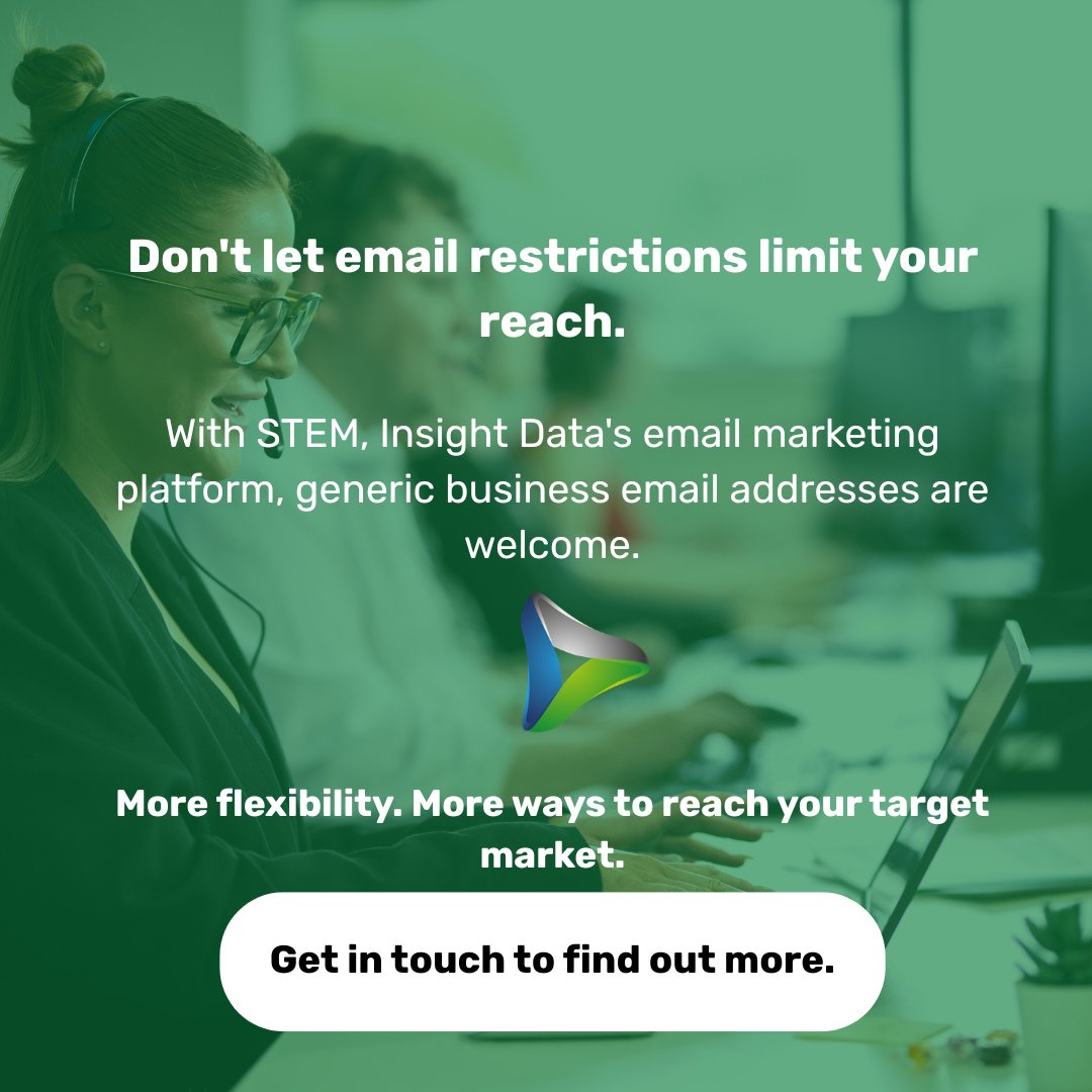 InsightDataLTD's tweet photo. How many potential customers are you missing out on?

With STEM, generic business email addresses like info@, hello@ and sales@ are welcome.

Want to get more from your B2B email marketing? Get in touch: https://t.co/j0fMgqf8Hb https://t.co/o20bTWvDD9