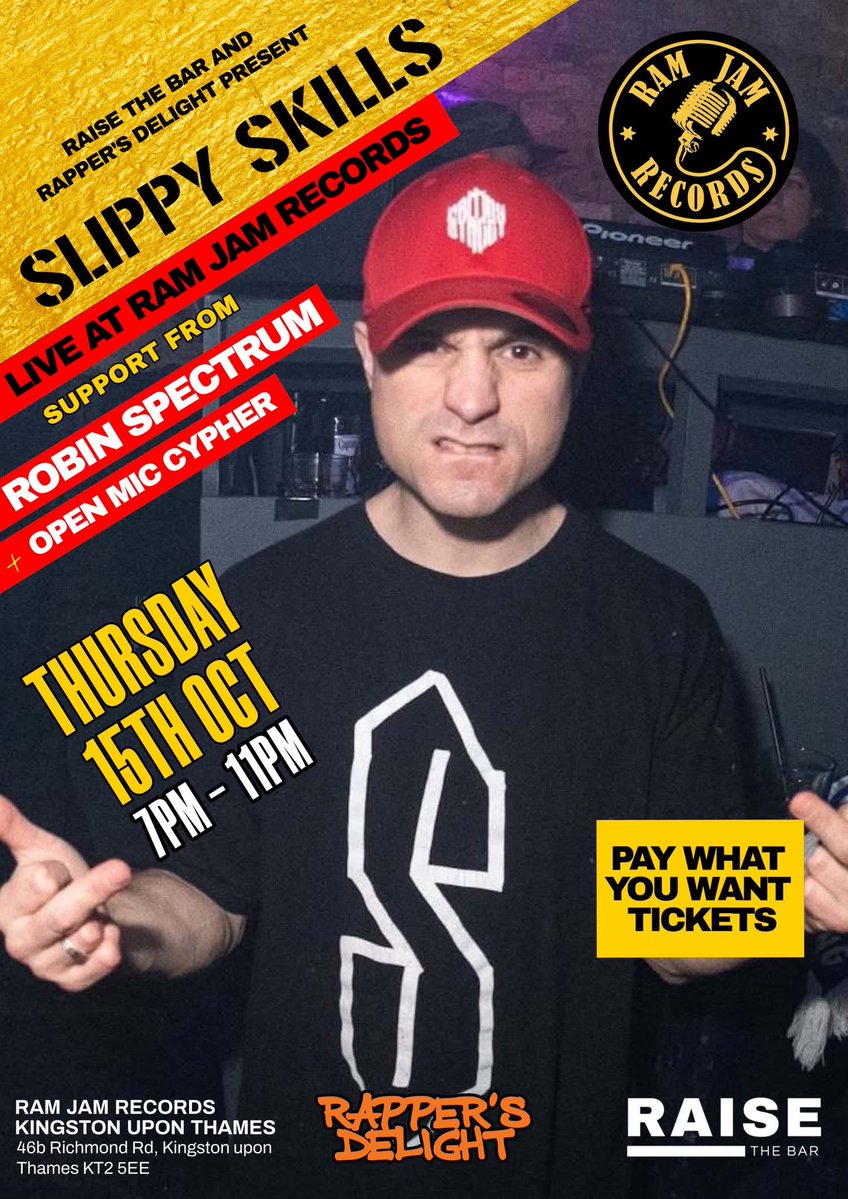 SlippySkills's tweet photo. JUST BEEN TAGGED IN FOR THIS TOMORROW NITE AT @Ramjamrecords 

7PM-11PM

PAY WHAT YOU WANT!

#RAISETHEBAR #RAMJAMRECORDS #RAPPERSDELIGHT #RUNTLIFERECORDS #LONDONRAP #KINGSTONUPONTHAMES #UKHIPHOP #UKRAP #LONDONHIPHOP https://t.co/wFxvRmg95I