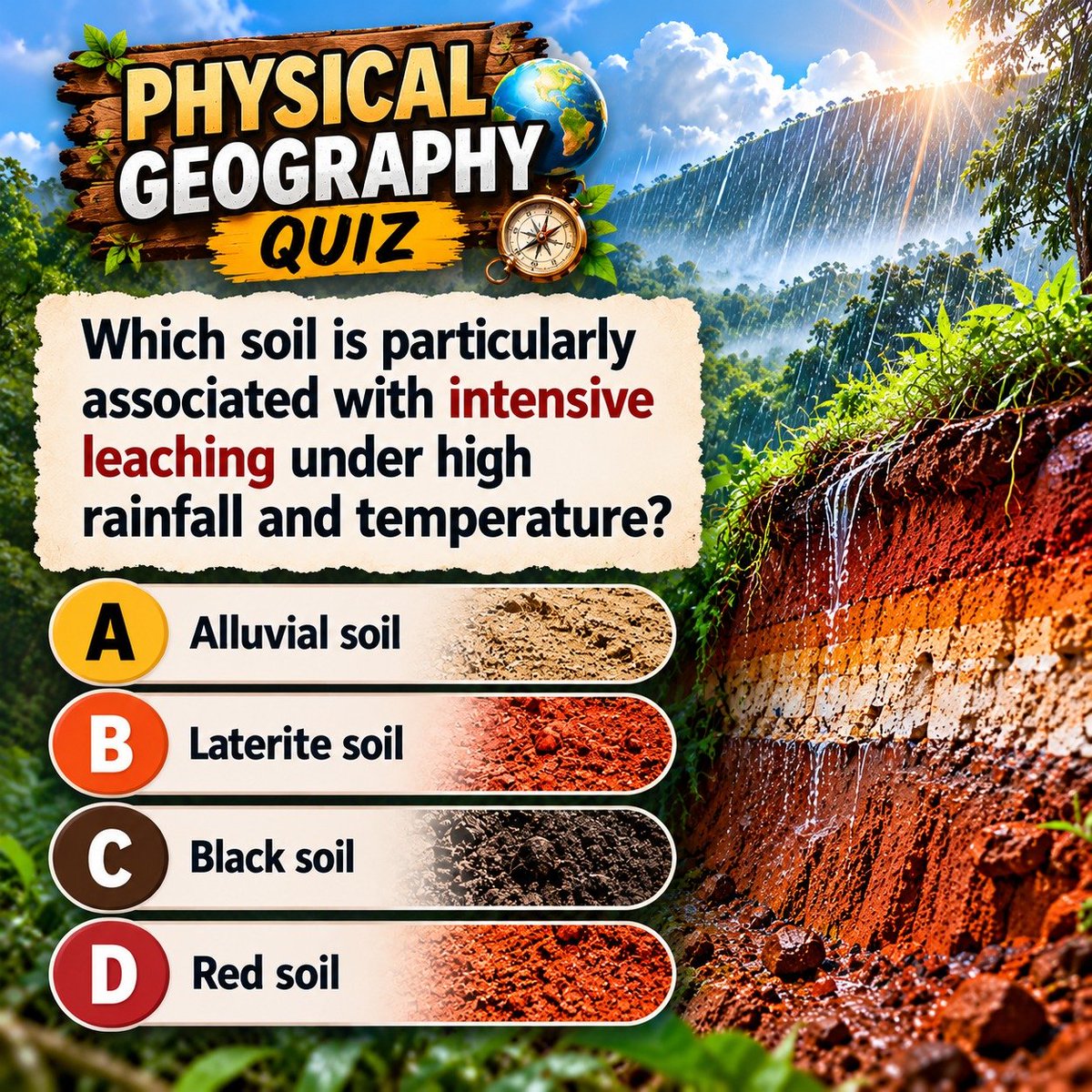 cematerial's tweet photo. Physical Geography Quiz:  

Which soil is particularly associated with intensive leaching under high rainfall and temperature?

#geography  #UPSC #SSC #RRB #BPSC  #competitiveexams https://t.co/HsZL3ylrOf