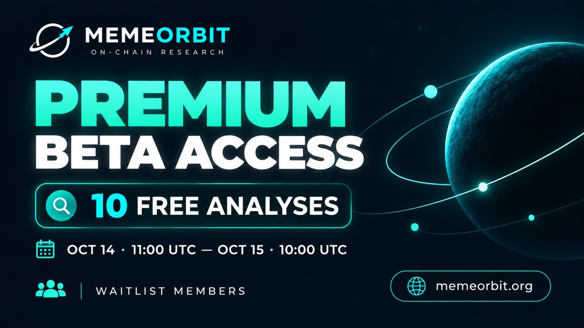MemeOrbit12's tweet photo. 🚀 MemeOrbit Premium Beta opens TODAY! 🪐

🎉 Waitlist members get FREE early access!

🔓 10 advanced token analyses per wallet
🔍 Explore token risks & wallet activity
💬 Share your feedback to shape MemeOrbit!
🕚 Oct 14, 10:30 UTC → Oct 15, 8:00 UTC
Connect your registered wallet, explore tokens & tell us what to improve.

🌐 https://t.co/vWQBHcOINR

Your feedback helps us build what's next! 💚