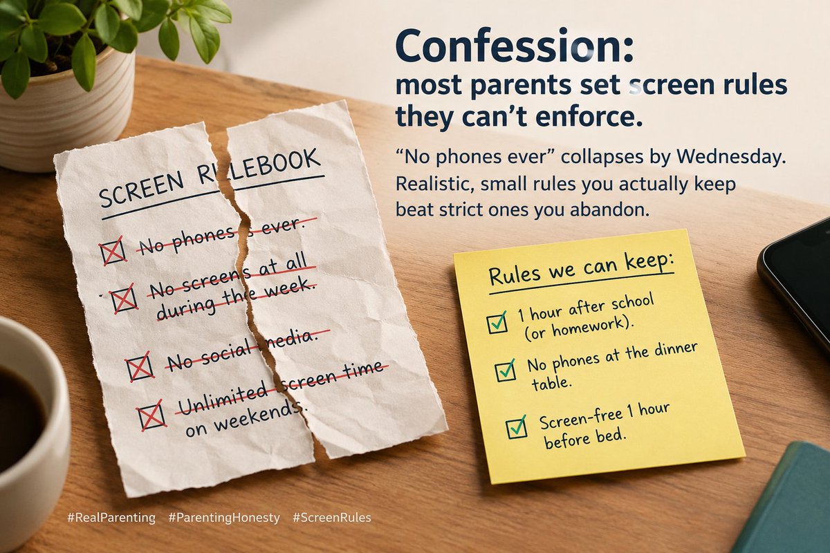 RyanWest22's tweet photo. Confession: most parents set screen rules they can't enforce.
"No phones ever" collapses by Wednesday. Realistic, small rules you actually keep beat strict ones you abandon.

#RealParenting #ParentingHonesty #ScreenRules https://t.co/OdsAq5PP1b