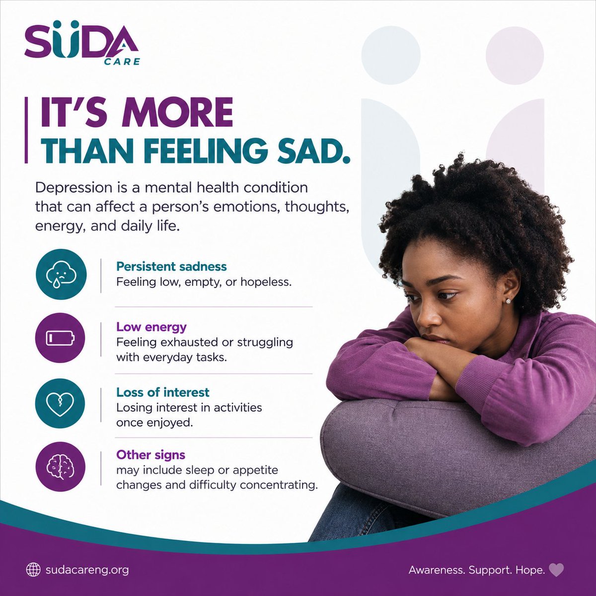 sudacareng's tweet photo. This October, as we continue conversations around mental health, we also recognize Depression Awareness Month. 💜

Let's break the stigma, listen without judgment, and encourage seeking support.

#SUDAcare #DepressionAwarenessMonth #MentalHealthAwareness https://t.co/ukob5i6GlH