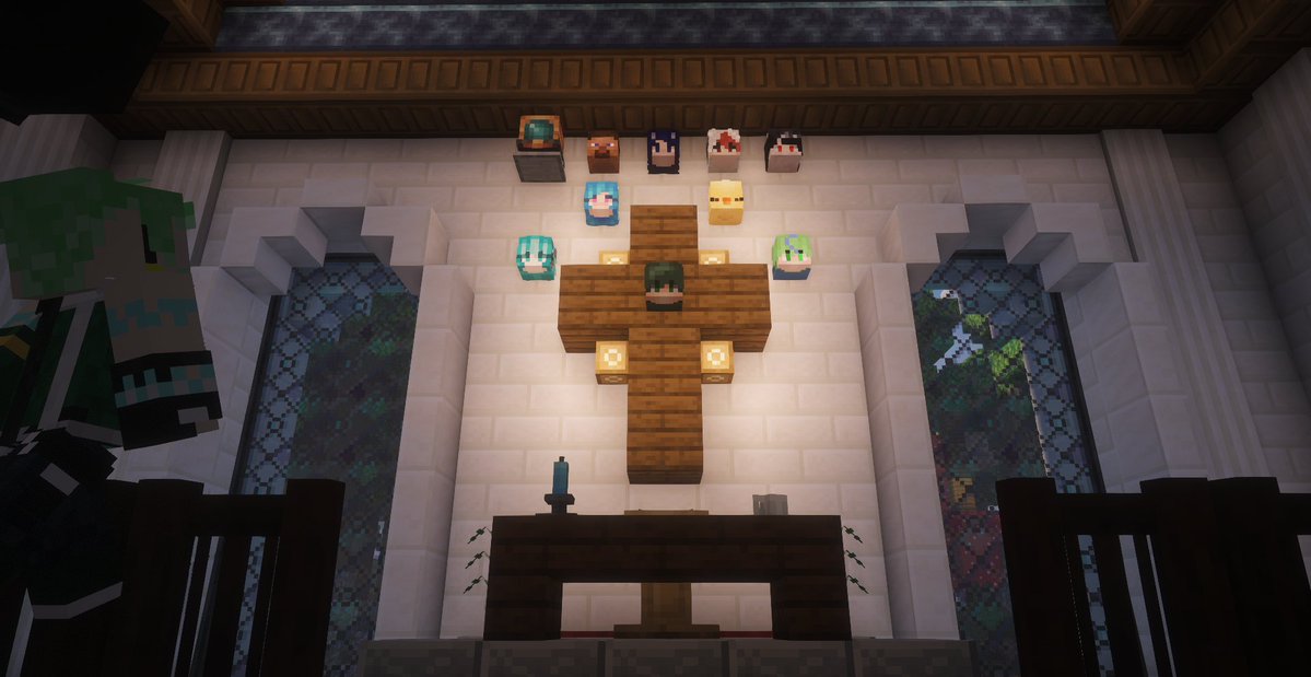 _varnen_'s tweet photo. The inside of Difus' chapel at the Celestial Domain, Haru's house at his island, and a pic of the mods taking pictures at Haru's island. https://t.co/zbynqhTLVN