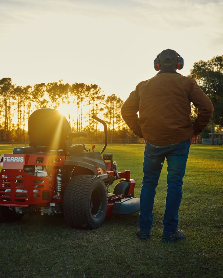 swillette25's tweet photo. Golden hour hits different when the lawn looks like this. Mowing stops feeling like a chore when the mower feels this good. Stop by to see our current Ferris Mower lineup. https://t.co/r5OfgQRcgC