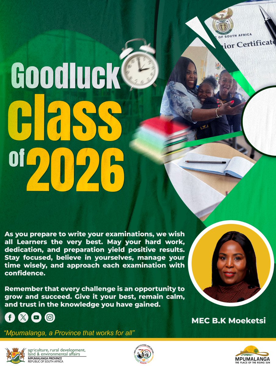 MpuDardlea's tweet photo. A message from the MEC, Ms Khethiwe Moeketsi to the 2026 Matric Class.

#Matric2026
#MpumalangaAProvinceThatWorksForAll https://t.co/hBP3kObse9