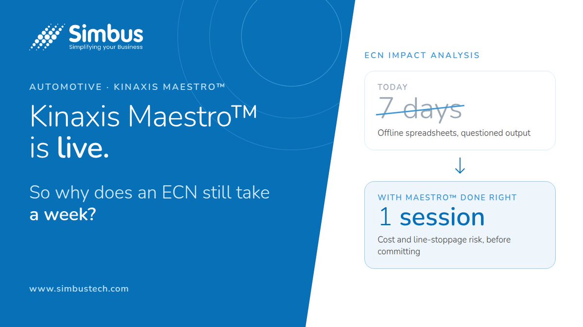 SimbusTech's tweet photo. Kinaxis Maestro™ is live, but ECN impact analysis still takes a week. Simbus’s certified consultants fix integrations, adoption and workflows. Get a free Health Check → https://t.co/FGMY7lwq2A

#Kinaxis #Maestro #Automotive #Simbus #KinaxisPartner #Simbuzz er #Simbuzz https://t.co/EtQLex1Rdb