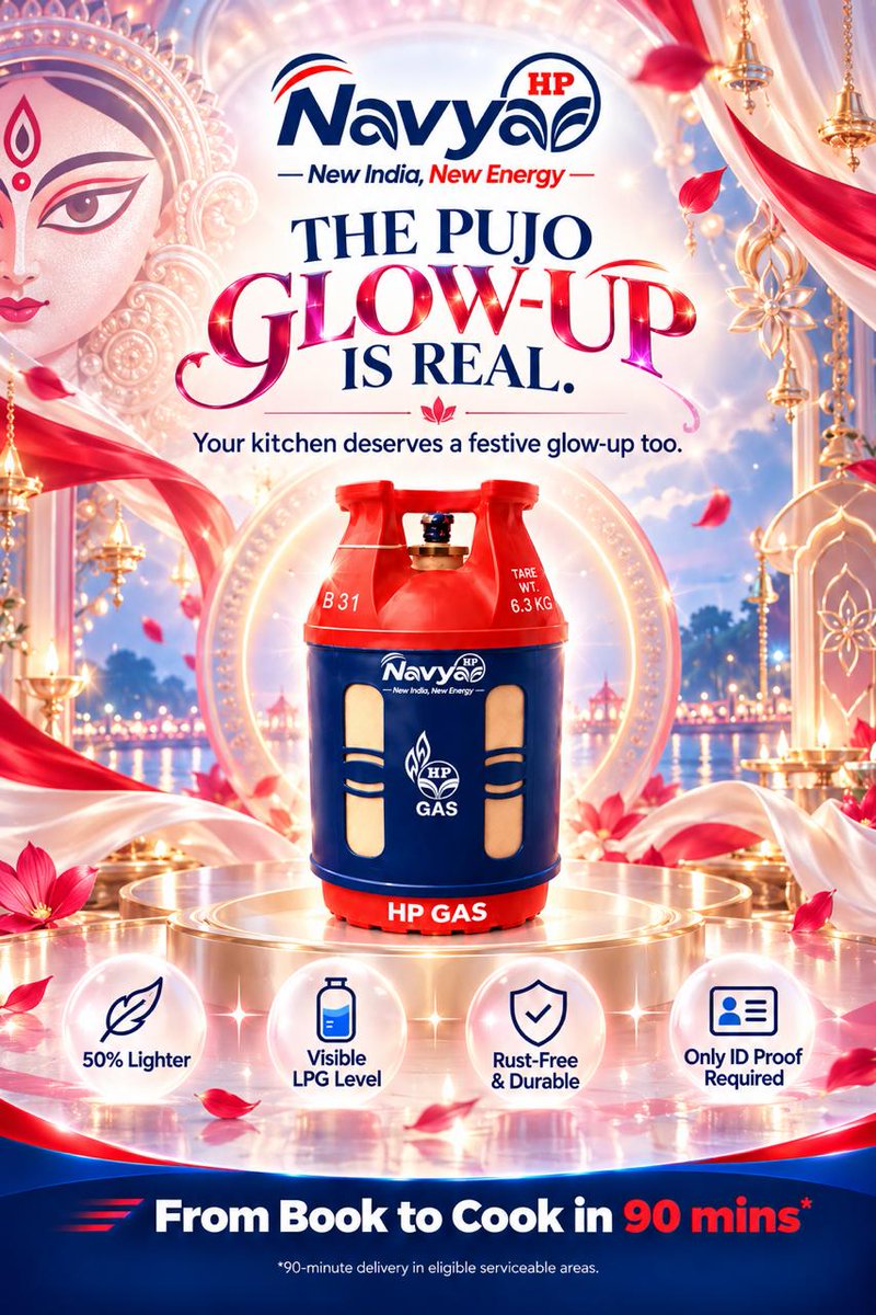 Madurai_HPCL_SO's tweet photo. THE PUJO GLOW-UP IS REAL! 🌸✨
New outfits. Festive lights. Endless celebrations. And now, a glow-up for your kitchen too! 💖
This Durga Puja, welcome HP Navya — where premiumness meets innovation. 
Because this Pujo, your kitchen deserves to shine as bright as your celebrations! https://t.co/vTctWeAMaO