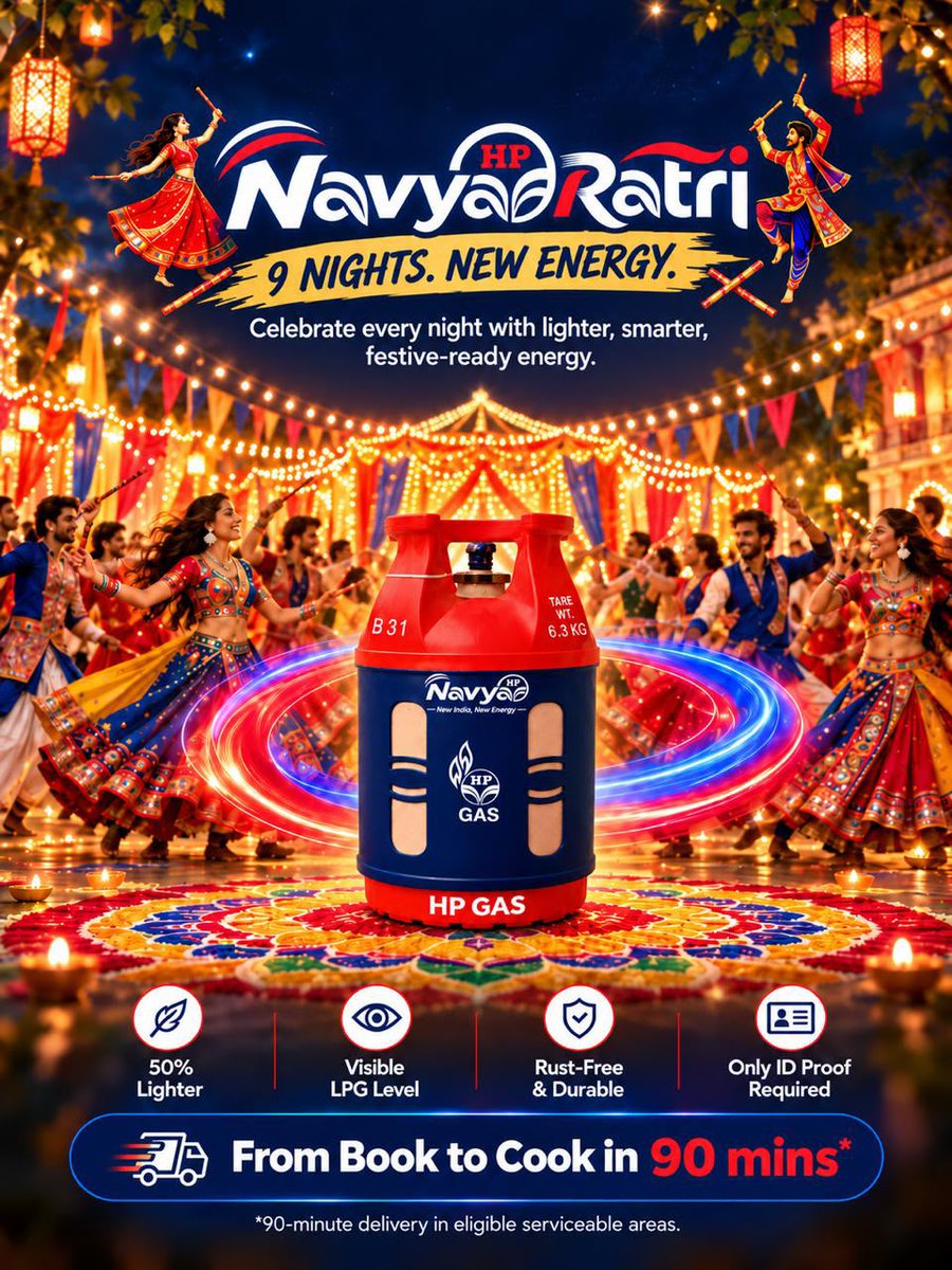 Madurai_HPCL_SO's tweet photo. 💃✨ 9 Nights. Endless Celebrations. NEW ENERGY! 🔴🔵
This Navratri, let the Garba beats rise and celebrations shine with HP Navya! 🎉
50% Lighter. Smarter. Festive-Ready.
🔥 From Book to Cook in 90 mins!*

#NavyaRatri #HPNavya #Navratri2026 #GarbaNights @HPCL @HPGAS_HQO https://t.co/71KMkmgboC