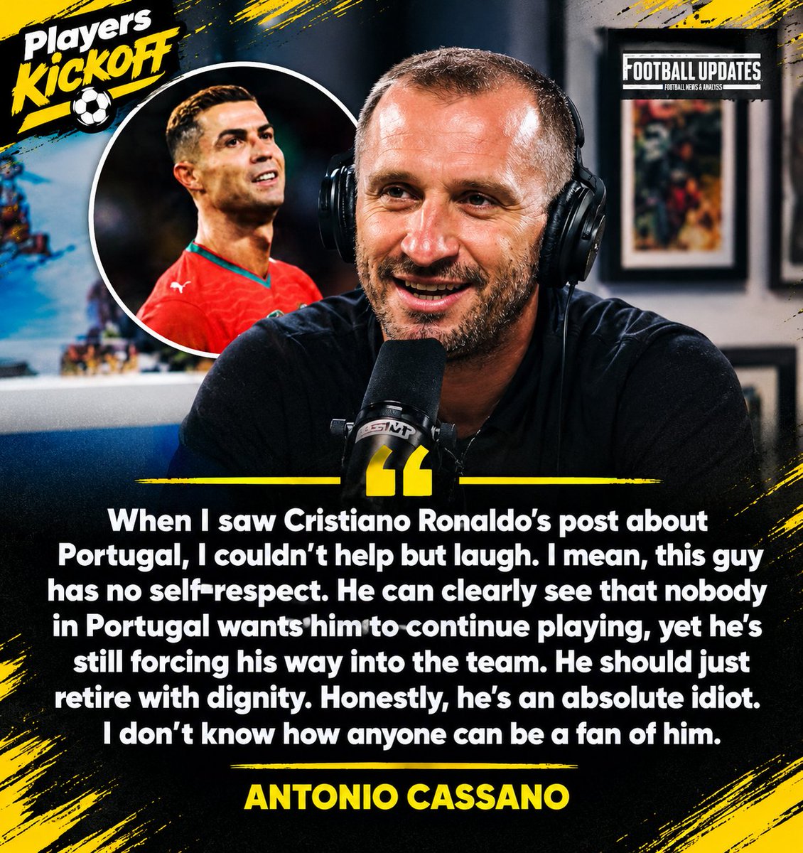 Players_Kickoff's tweet photo. 🚨🔥 ANTONIO CASSANO LAUNCHES ANOTHER BRUTAL ATTACK ON CRISTIANO RONALDO! 🇮🇹🇵🇹

Former Italian striker Antonio Cassano has reignited his long-running feud with Cristiano Ronaldo, delivering some harsh words about the Portuguese superstar and his future with the national team.💥 https://t.co/hsLrPuX2Wj
