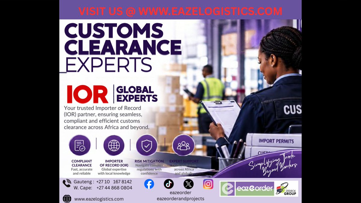 Eaz_e_order's tweet photo. CUSTOMS CLEARANCE EXPERTS-IOR GLOBAL EXPERTS
Expert Customs Clearance
IOR Solutions
Compliance & Risk Management
Dedicated Global Support
Your trusted partner for seamless global trade!
#EazeLogistics #IOR #CustomsClearance #GlobalTrade #LogisticsSolutions #AfricaLogistics https://t.co/blWdjyXvv0